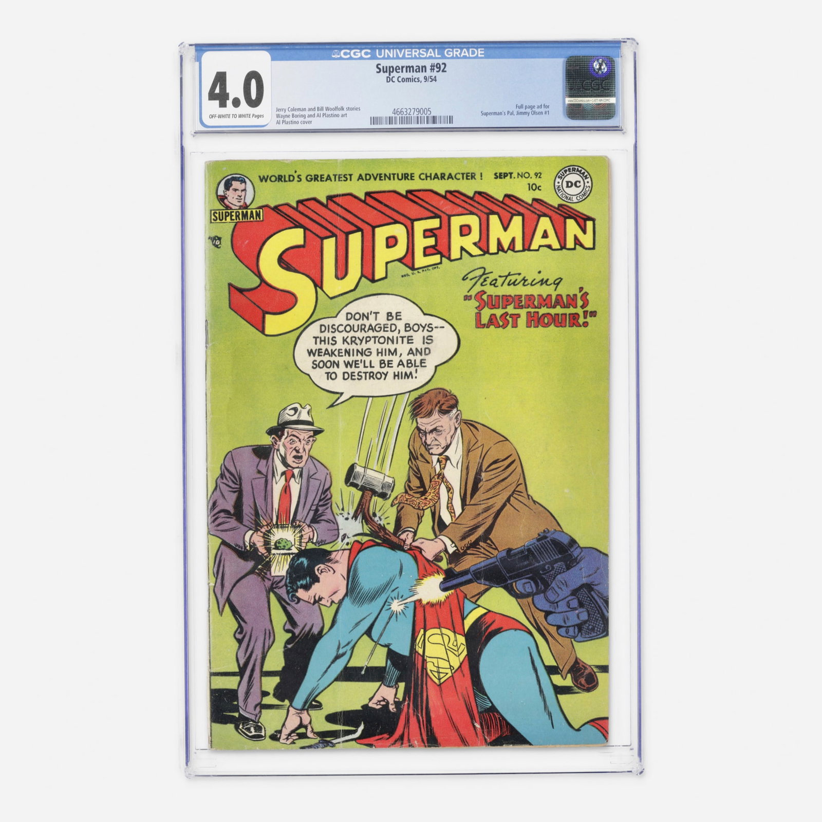 DC Comics Superman #92 CGC 4.0: DC Comics Superman #92 CGC 4.0 USA, 1954 A Golden Age Superman issue from 1954 featuring stories by Jerry Coleman and Bill Woolfolk. The interior art is by Wayne Boring and Al Plastino, who also provi