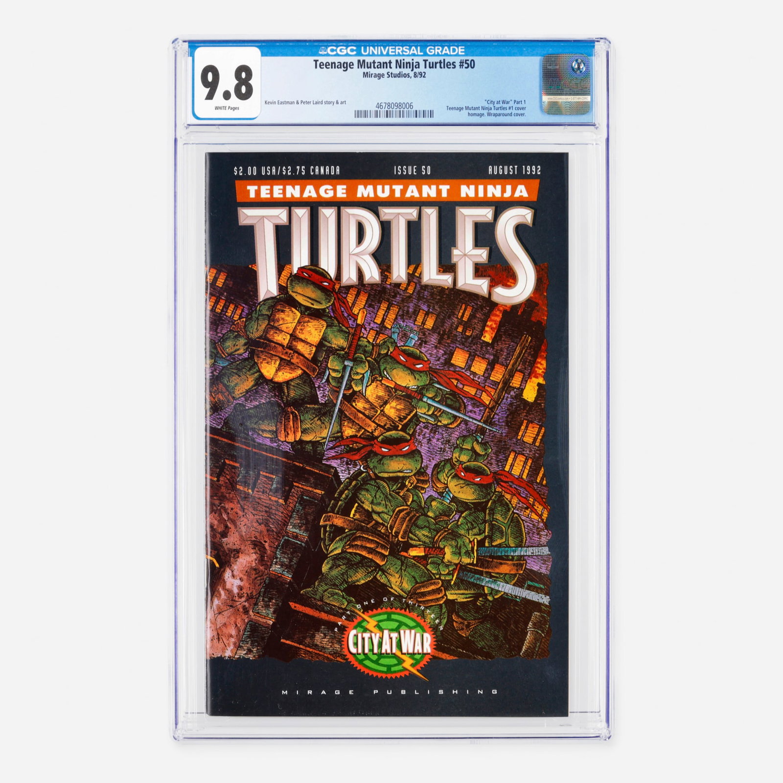 Mirage Studios Teenage Mutant Ninja Turtles #50 CGC 9.8: Mirage Studios Teenage Mutant Ninja Turtles #50 CGC 9.8 USA, 1992 Marking the beginning of the monumental City at War arc, this Modern Age issue features a stunning wraparound cover that serves as an 