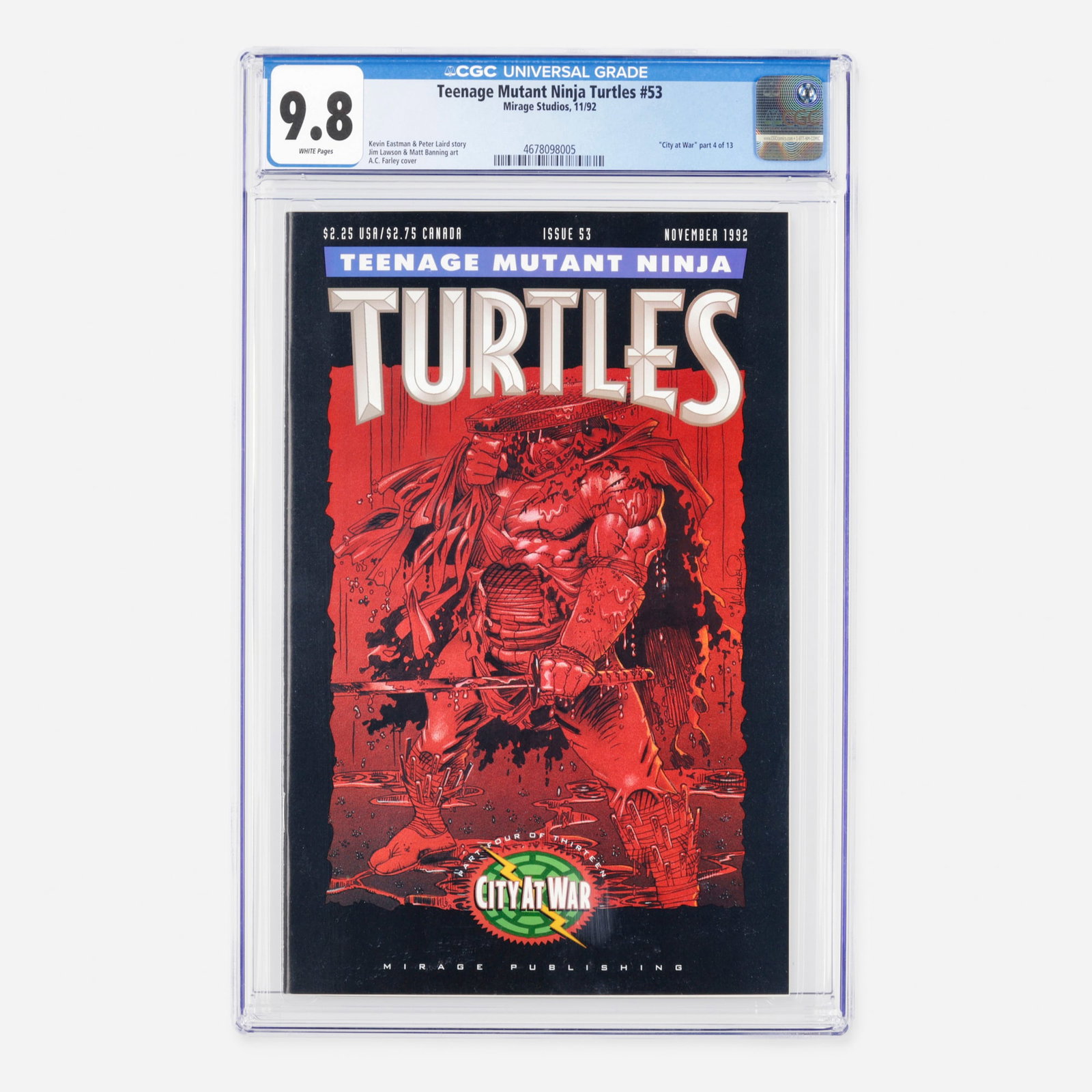 Mirage Studios Teenage Mutant Ninja Turtles #53 CGC 9.8: Mirage Studios Teenage Mutant Ninja Turtles #53 CGC 9.8 USA, 1992 As part four of thirteen in the City at War arc, this Modern Age issue continues the unfolding drama. The story is by Kevin Eastman an