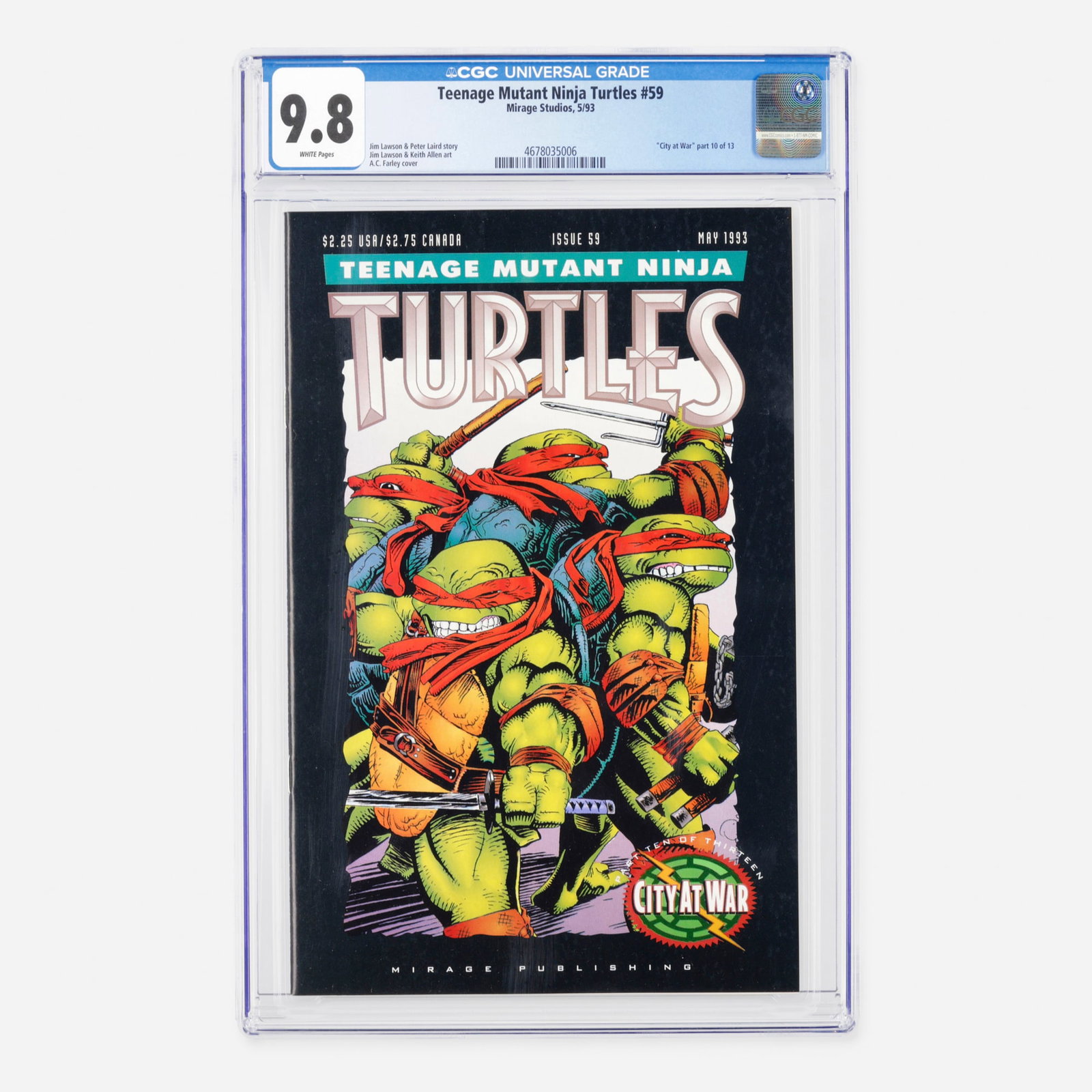 Mirage Studios Teenage Mutant Ninja Turtles #59 CGC 9.8: Mirage Studios Teenage Mutant Ninja Turtles #59 CGC 9.8 USA, 1993 As part ten of thirteen in the epic City at War storyline, this Modern Age issue brings readers deeper into the conflict. The script i