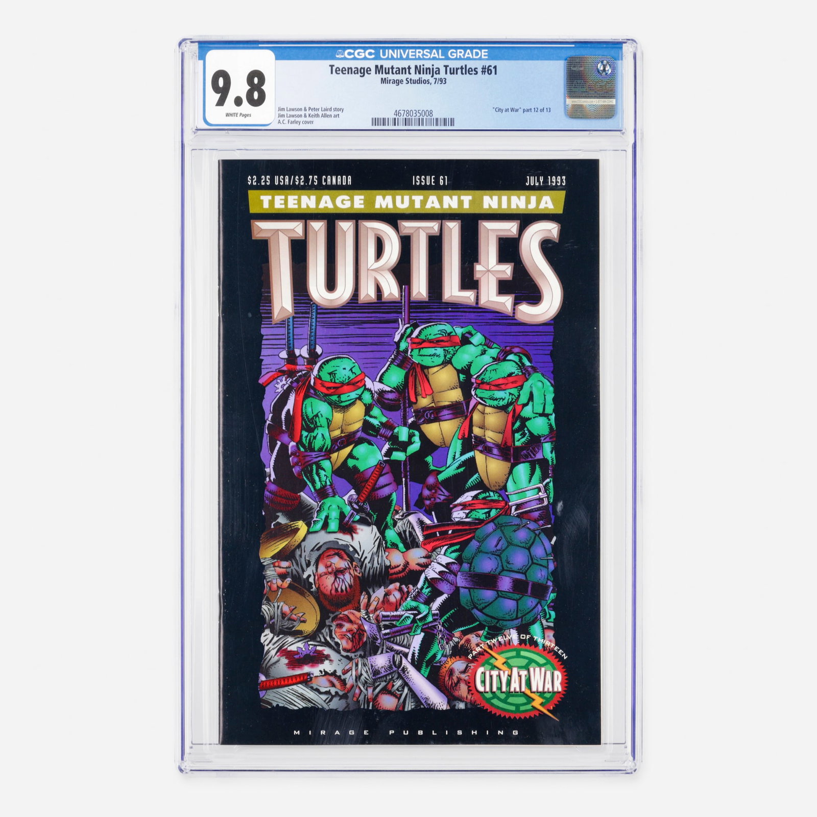 Mirage Studios Teenage Mutant Ninja Turtles #61 CGC 9.8: Mirage Studios Teenage Mutant Ninja Turtles #61 CGC 9.8 USA, 1993 Representing part twelve of thirteen in the sprawling City at War narrative, this Modern Age issue continues the intense saga. The sto