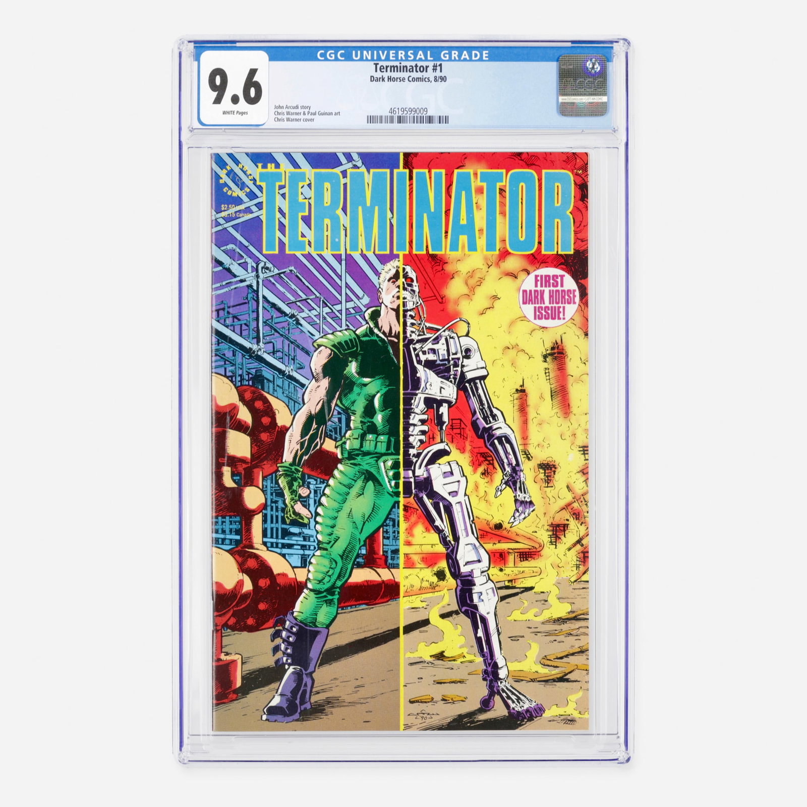 Dark Horse Comics Terminator #1 CGC 9.6: Dark Horse Comics Terminator #1 CGC 9.6 USA, 1990 This Modern Age debut for the franchise at Dark Horse features a story by John Arcudi. The cover and art are handled by Chris Warner. CGC#: 4619599