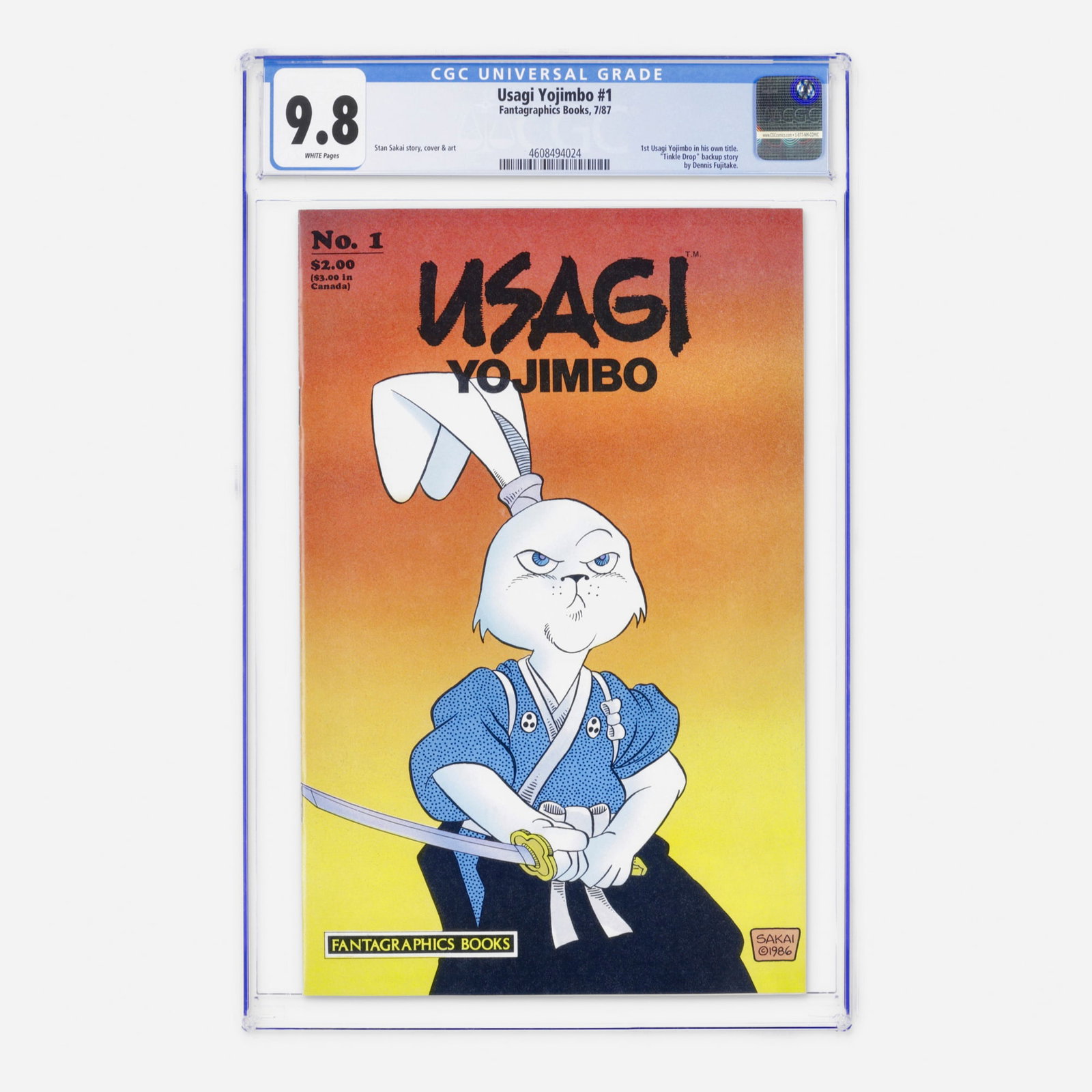 Fantagraphics Usagi Yojimbo #1 CGC 9.8: Fantagraphics Usagi Yojimbo #1 CGC 9.8 USA, 1987 A pristine Modern Age key: the first Usagi Yojimbo in his own title. Written and illustrated by Stan Sakai, this issue is a cornerstone of independent 
