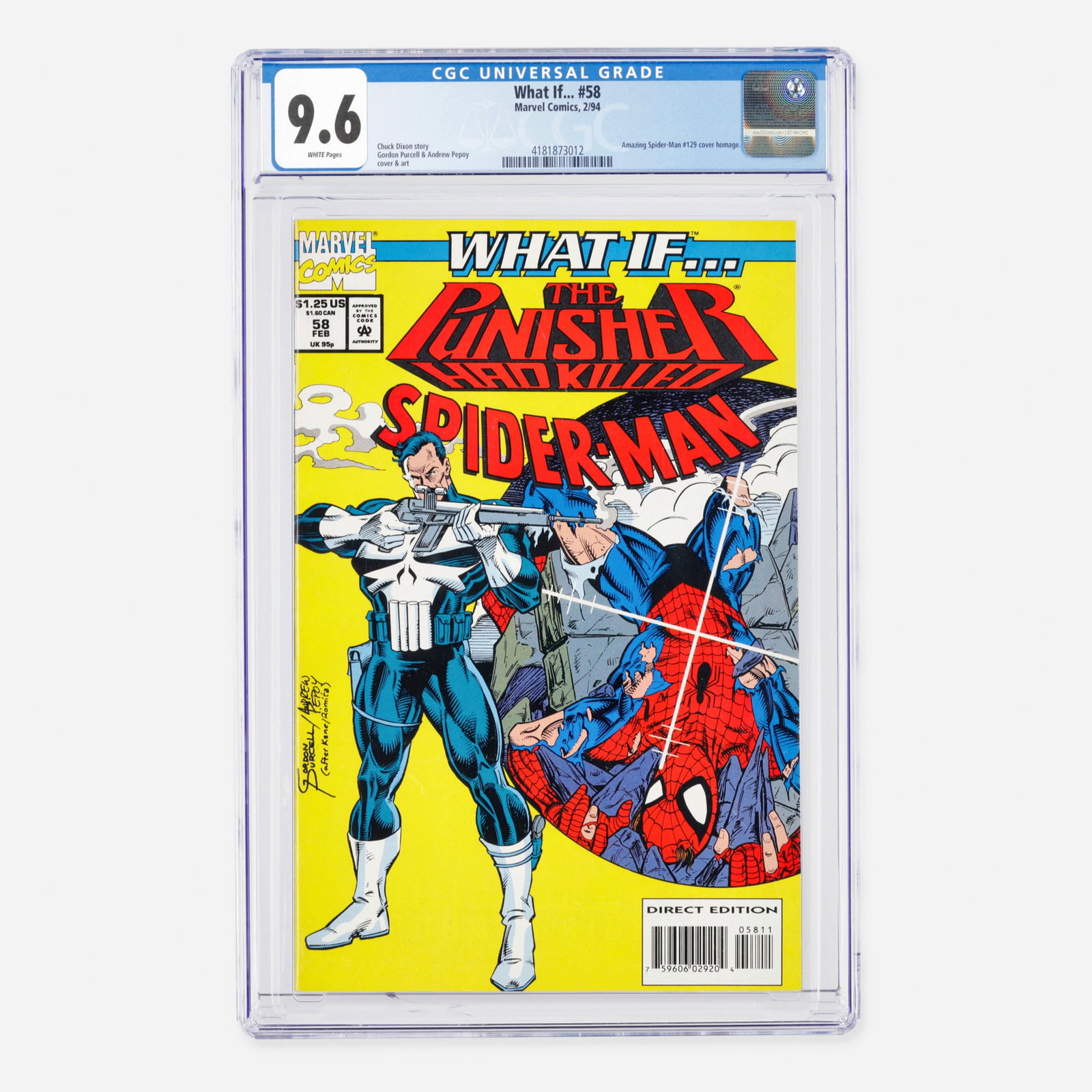 Marvel Comics What If... #58 CGC 9.6: Marvel Comics What If... #58 CGC 9.6 USA, 1994 This Modern Age issue pays tribute to the iconic Amazing Spider-Man #129 with a striking cover homage. Written by Chuck Dixon, the book features interior