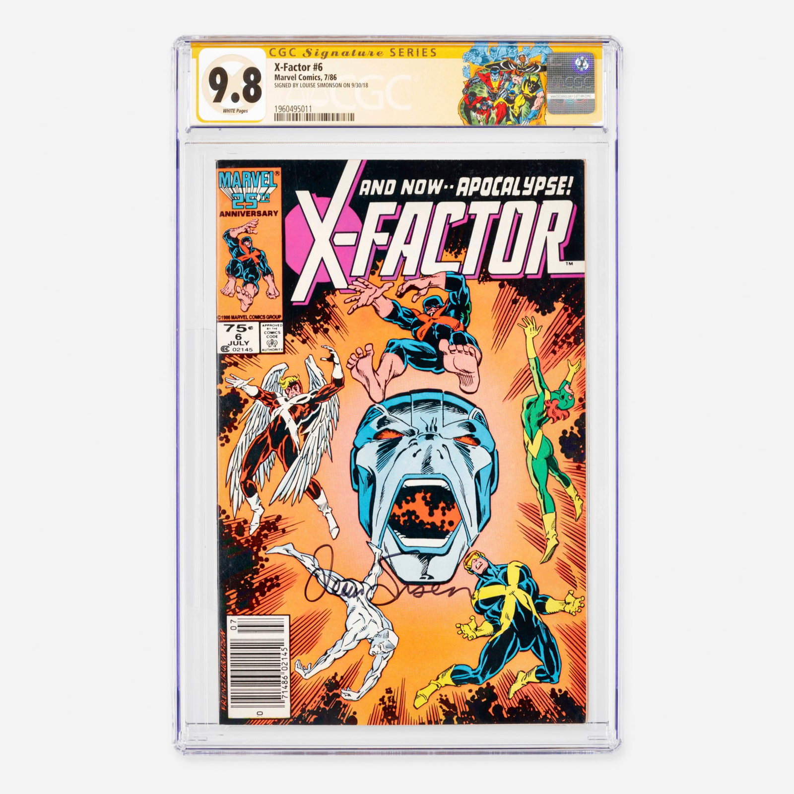 Marvel Comics X-Factor #6 CGC 9.8 Signature Series Louise Simonson: Marvel Comics X-Factor #6 CGC 9.8 Signature Series Louise Simonson USA, 1986 This Modern Age key issue marks the first full appearance of Apocalypse (En Sabah Nur), along with the Alliance of Evil. Wr