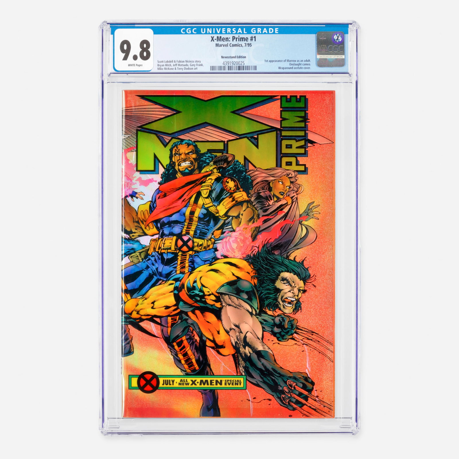 Marvel Comics X-Men: Prime #1 CGC 9.8 Newsstand: Marvel Comics X-Men: Prime #1 CGC 9.8 Newsstand USA, 1995 This Modern Age key issue marks the first appearance of Marrow as an adult and includes an Onslaught cameo. Written by Scott Lobdell and Fabia