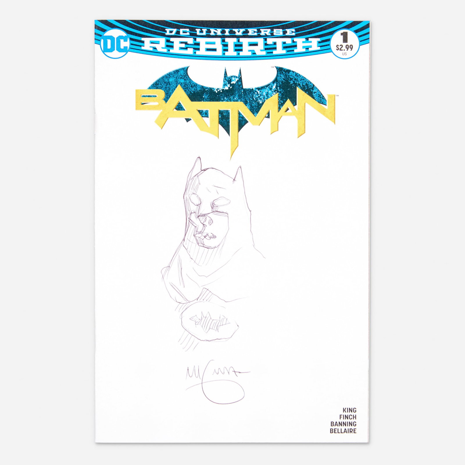Mike Mignola, Batman #1 Blank Cover Original Art Illustration (DC Comics, 2016): Mike Mignola Batman #1 Blank Cover Original Art Illustration (DC Comics, 2016) pencil on comic 10 h x 8 w in (25 x 20 cm) This one-of-a-kind illustration transforms a standard Batman #1 (Re