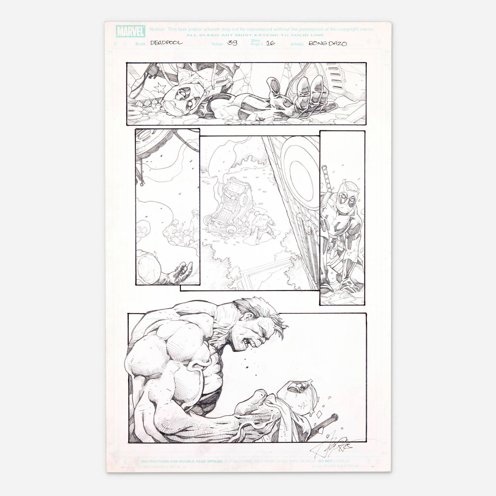 Bong Dazo, Deadpool #39 Story Page 16 Original Art (Marvel Comics, 2011): Bong Dazo Deadpool #39 Story Page 16 Original Art (Marvel Comics, 2011) pencil on Bristol board 17 h x 11 w in (43 x 28 cm) This page comes from the climax of the "Operation: Annihilation" storyline