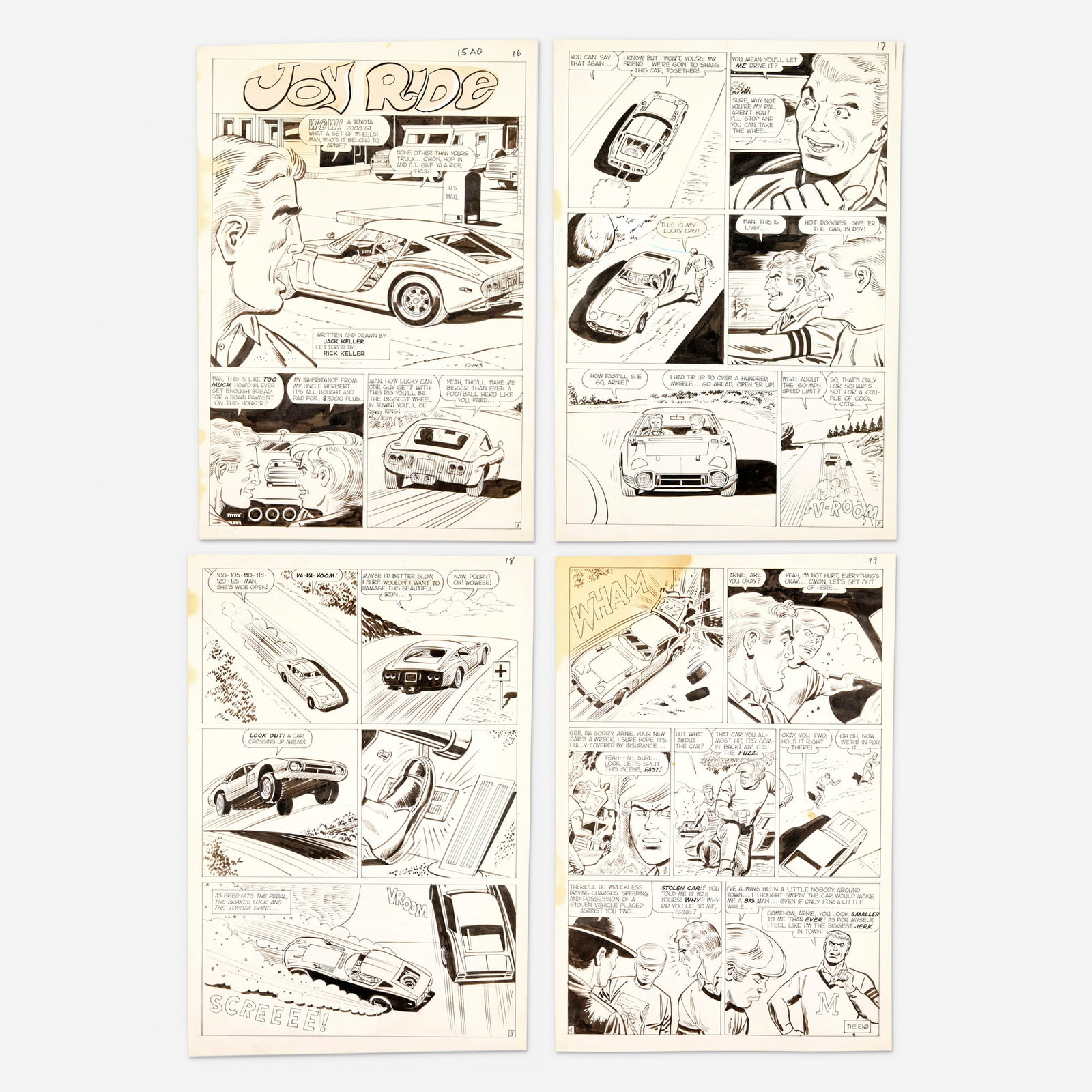 Jack Keller, Hot Rods and Racing Cars #109 Complete 4 Page Story Original Art: Jack Keller Hot Rods and Racing Cars #109 Complete 4 Page Story Original Art (Charlton Comics, 1971) pencil and ink on Bristol board, word balloons inked directly on board 16.088 h x 11 w in (41 x 28 