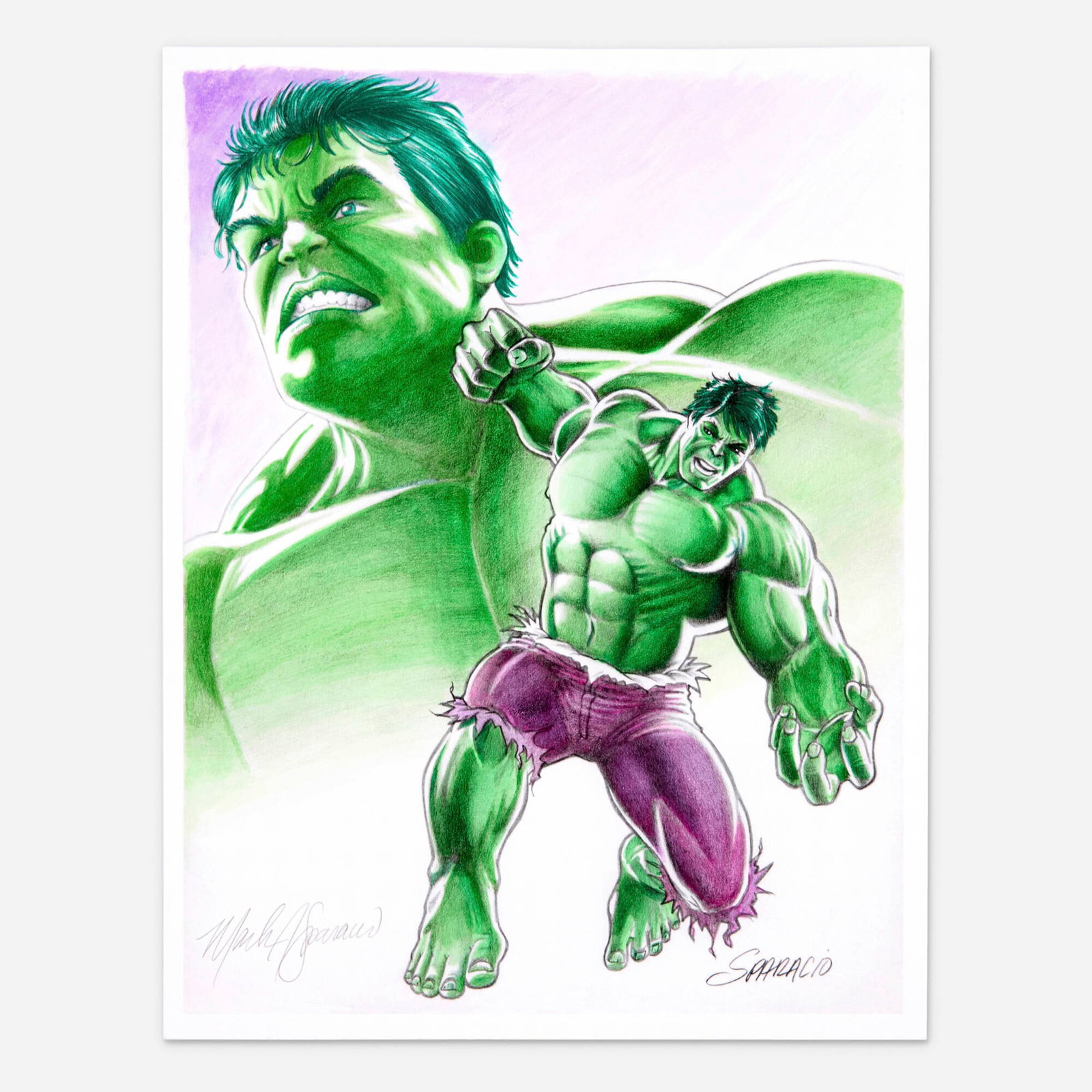 Mark Sparacio, Hulk Watercolor Painting: Mark Sparacio Hulk Watercolor Painting blueline pencils and watercolor on cardstock 11 h x 8.5 w in (28 x 22 cm) This is a striking original illustration that showcases the artist's talent for