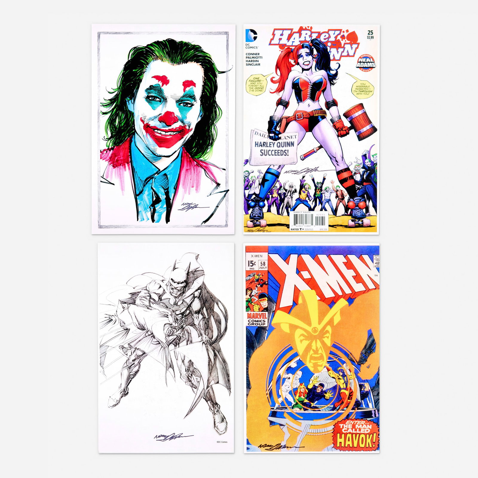 Neal Adams, Group of 4 Signed Comic Prints: Neal Adams Group of 4 Signed Comic Prints print 19 h x 13 w in (48 x 33 cm) 17 h x 11 w in (43 x 28 cm) Signed prints by Neal Adams are highly sought after by comic art collectors because Adams i