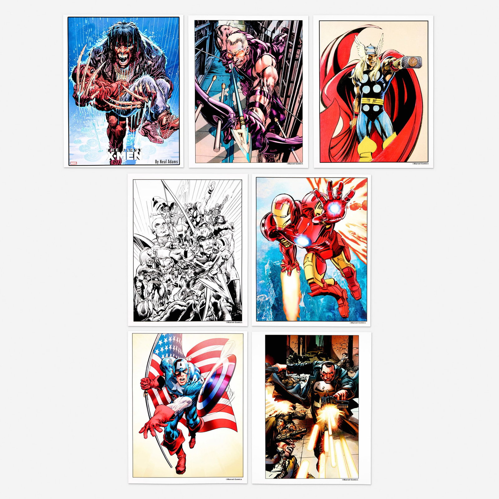 Neal Adams, Group of 7 Unsigned Marvel Comics Prints: Neal Adams Group of 7 Unsigned Marvel Comics Prints print 14 h x 11 w in (36 x 28 cm) Prints by Neal Adams are highly sought after by comic art collectors because Adams is widely regarded as one of