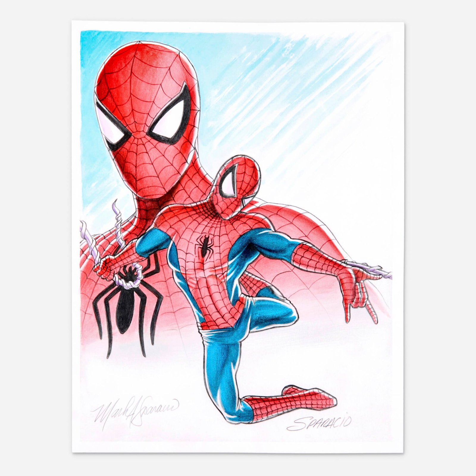 Mark Sparacio, Spider-Man Watercolor Painting: Mark Sparacio Spider-Man Watercolor Painting blueline pencils and watercolor on cardstock 11 h x 8.5 w in (28 x 22 cm) Sparacio uses rich watercolor washes and colored pencil or ink accents to produ