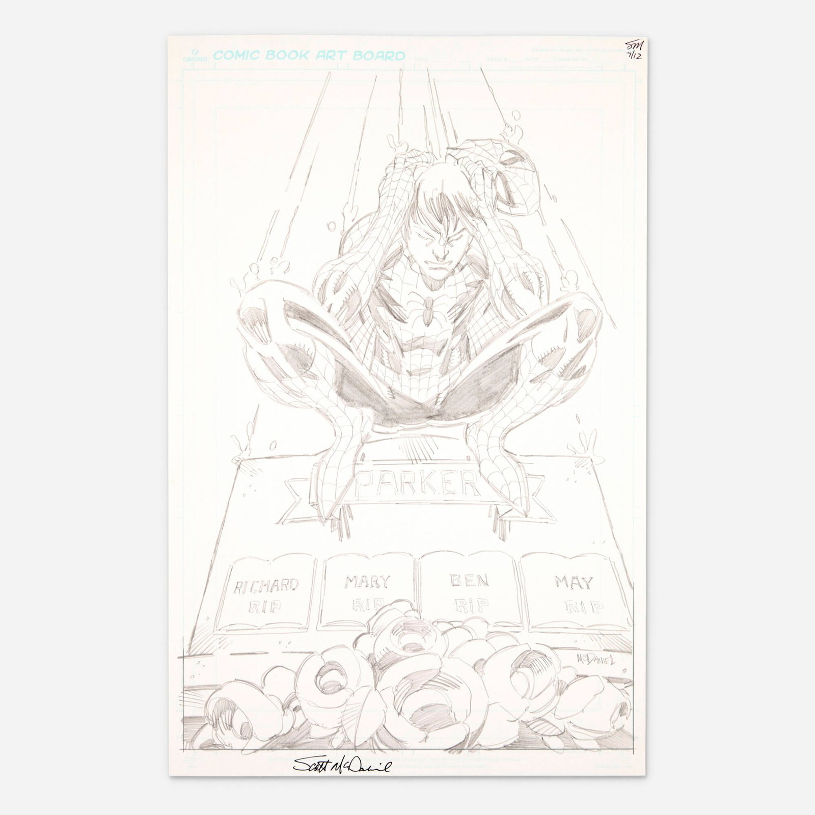 Scott McDaniel, Spider-Man Unmasked Original Art Illustration (2012): Scott McDaniel Spider-Man Unmasked Original Art Illustration (2012) pencil on Bristol board 17 h x 11 w in (43 x 28 cm) This is a striking, emotionally charged piece that focuses less on superhero a