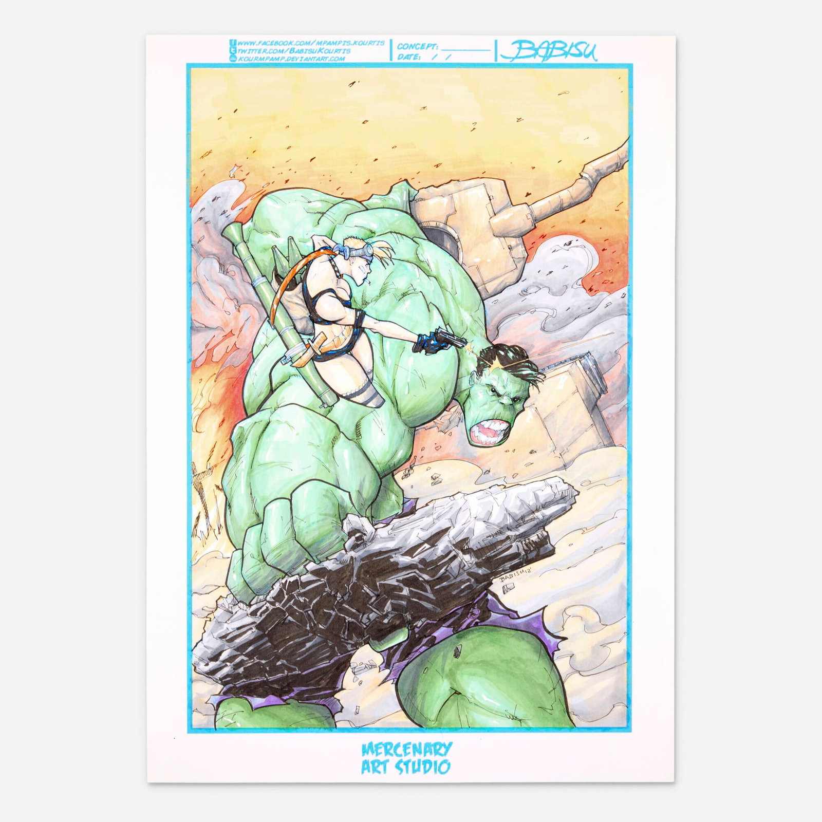 Babisu Kourtis, Tank Girl vs. The Hulk Original Art Illustration (2012): Babisu Kourtis Tank Girl vs. The Hulk Original Art Illustration (2012) pencil, ink, and Copics on Bristol 16.5 h x 11.75 w in (42 x 30 cm) This is a playful, high-energy crossover piece that pits tw