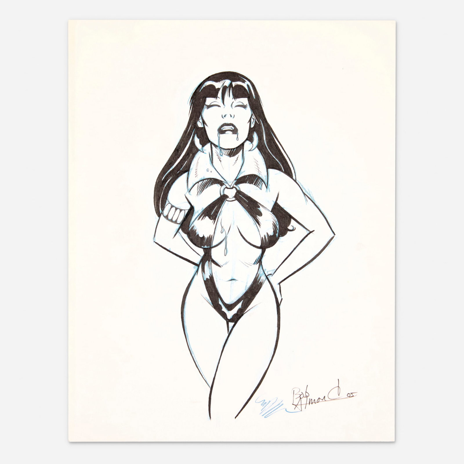 Michael Dooney and Bob Almond, Vampirella Original Art Illustration (2005): Michael Dooney and Bob Almond Vampirella Original Art Illustration (2005) blueline pencils and original inks on sketch paper 11 h x 8.5 w in (28 x 22 cm) This is a striking example of early-2000s Va