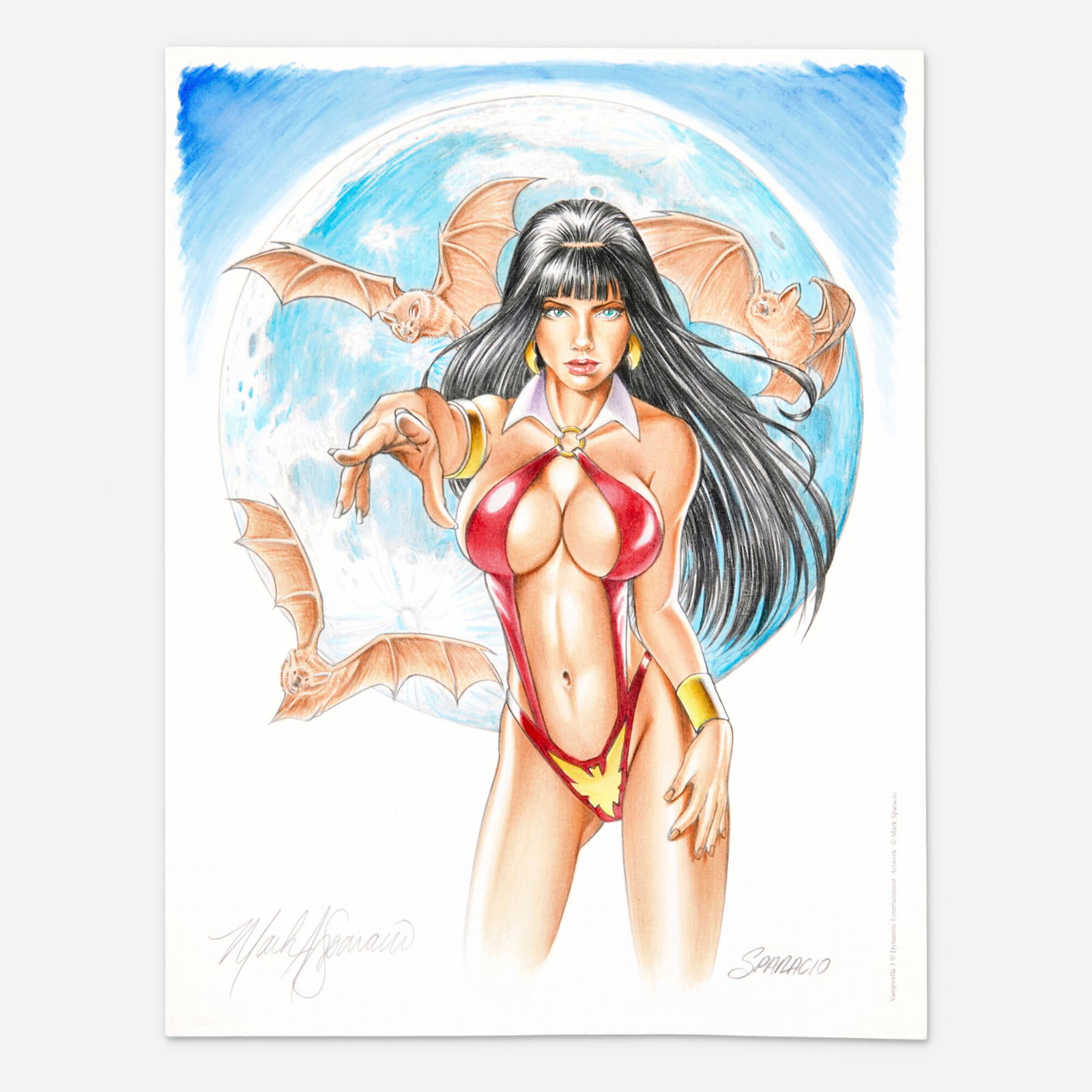 Mark Sparacio, Vampirella Watercolor Painting: Mark Sparacio Vampirella Watercolor Painting blueline pencils and watercolor on cardstock 11 h x 8.5 w in (28 x 22 cm) The composition places Vampirella front and center against a luminous full moon