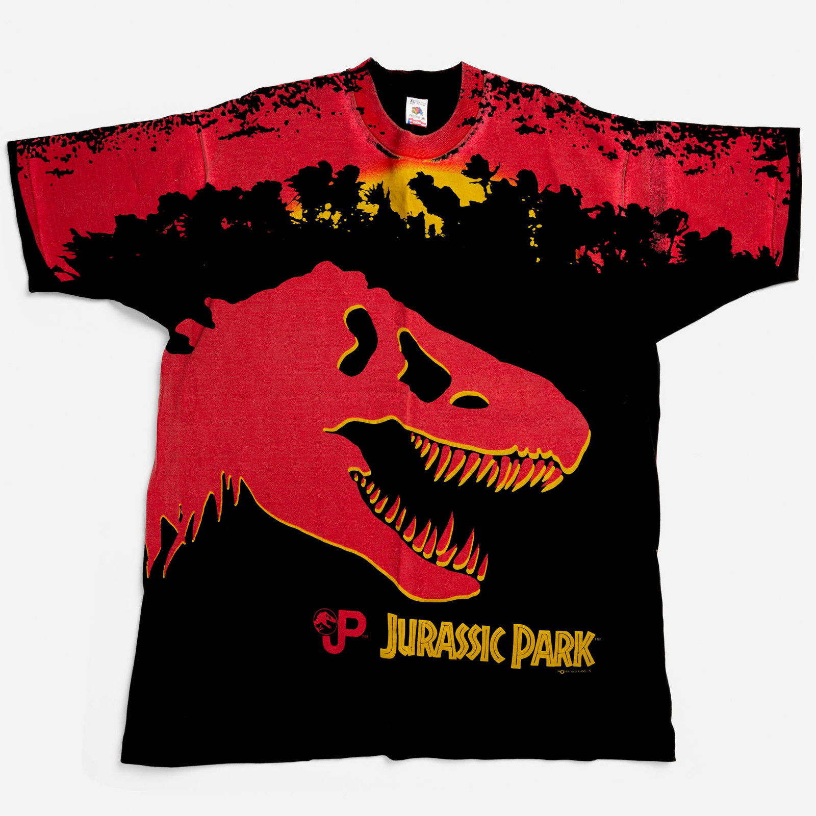 Jurassic Park All Over Print X-Large T-Shirt Single Stitch: Jurassic Park All Over Print X-Large T-Shirt Single Stitch 1993 100% cotton, single stitch 22.5 w x 28 l in (57 x 71 cm) Condition Notes: Overall good vintage condition with minimal wear consisten
