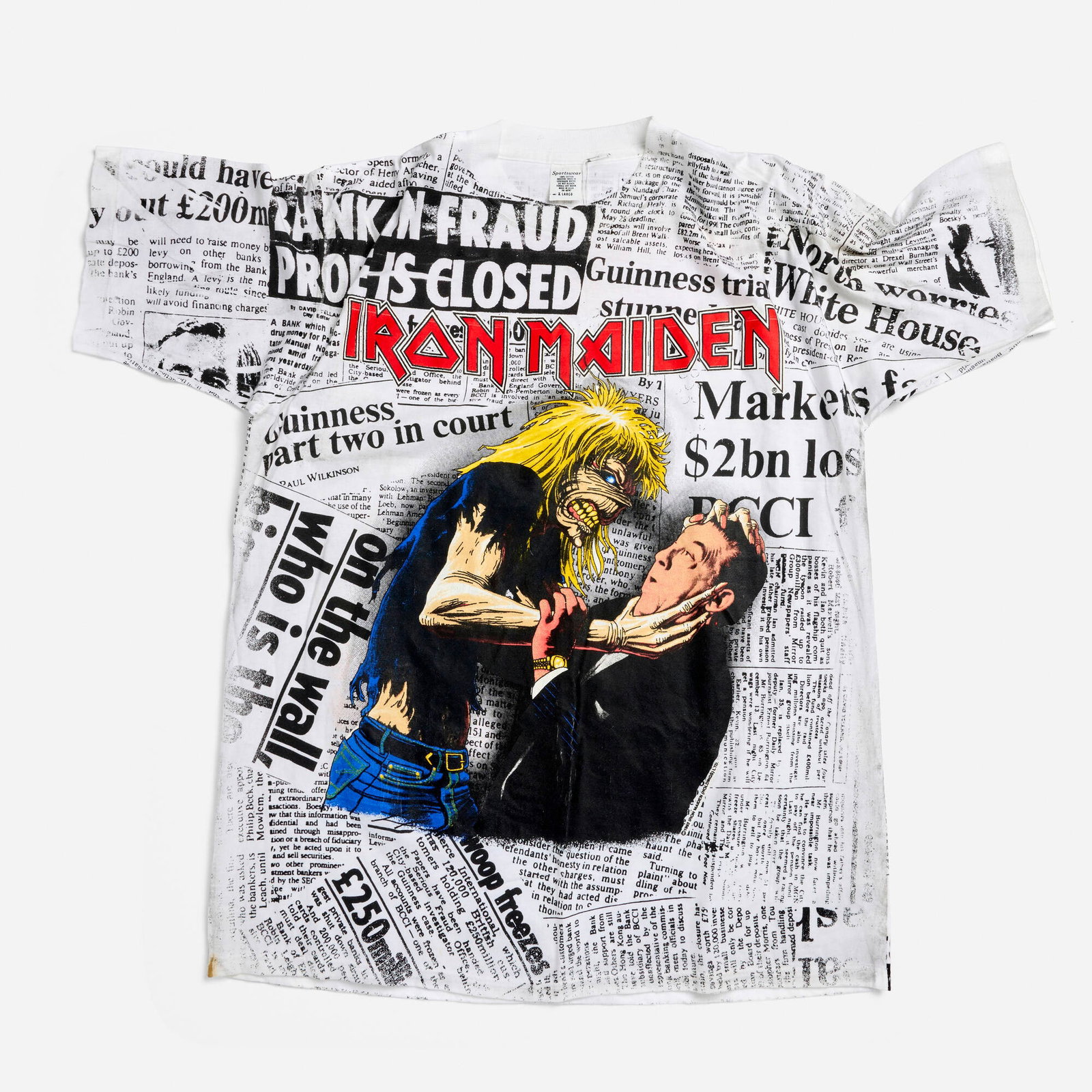 Iron Maiden Be Quick or Be Dead Newspaper All Over Print X-Large T-Shirt: Iron Maiden Be Quick or Be Dead Newspaper All Over Print X-Large T-Shirt 1992 100% cotton, double stitch 22 w x 27 l in (56 x 69 cm) Condition Notes: Overall good vintage condition with minimal w