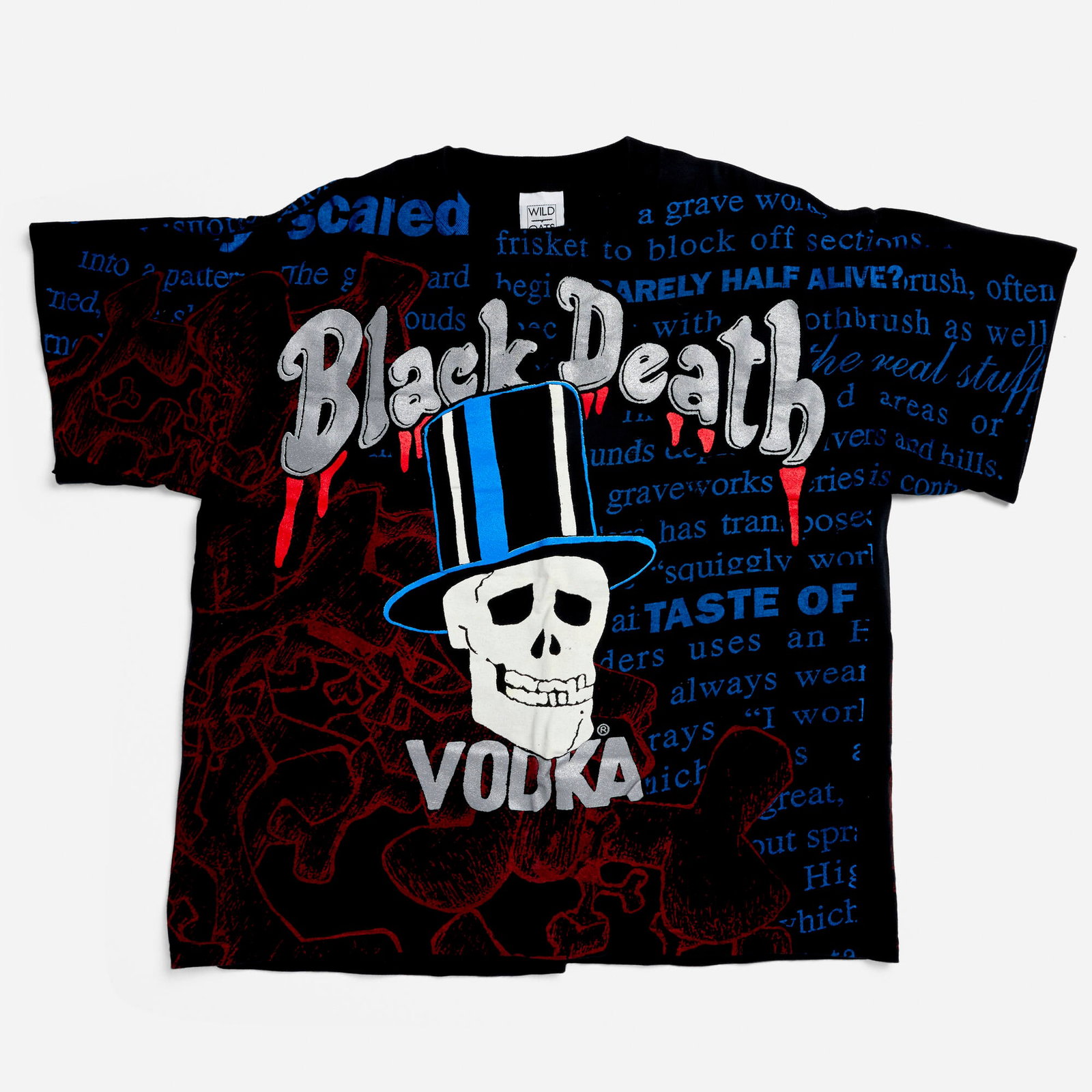 Black Death Vodka All Over Print Slash Skull X-Large T-Shirt: Black Death Vodka All Over Print Slash Skull X-Large T-Shirt 100% cotton, double stitch 23 w x 24.5 l in (58 x 62 cm) Condition Notes: Overall good vintage condition with minimal wear consistent with