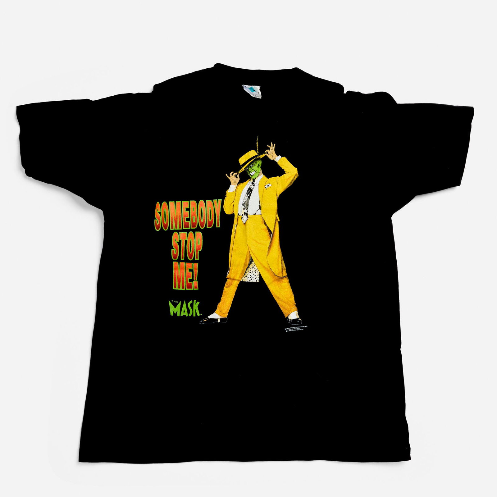 The Mask Somebody Stop Me X-Large T-Shirt: The Mask Somebody Stop Me X-Large T-Shirt 1994 100% cotton, double stitch 22.5 w x 27.5 l in (57 x 70 cm) Condition Notes: Overall good vintage condition with minimal wear consistent with age, fu