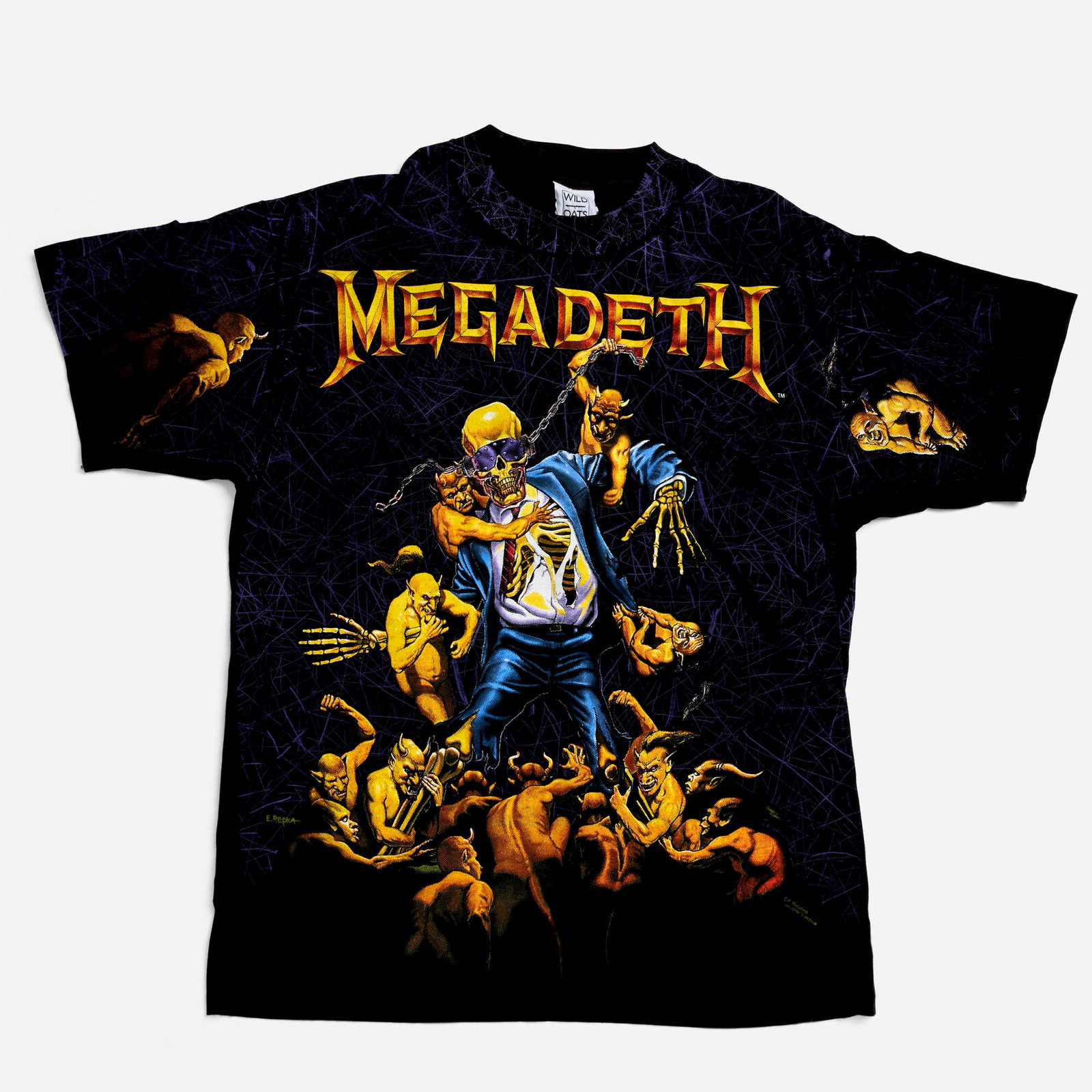 Megadeth Little Demons Vic Goes to Hell All Over Print X-Large T-Shirt: Megadeth Little Demons Vic Goes to Hell All Over Print X-Large T-Shirt 1991 100% cotton, double stitch 22.5 w x 26 l in (57 x 66 cm) Condition Notes: Overall good vintage condition with minimal w