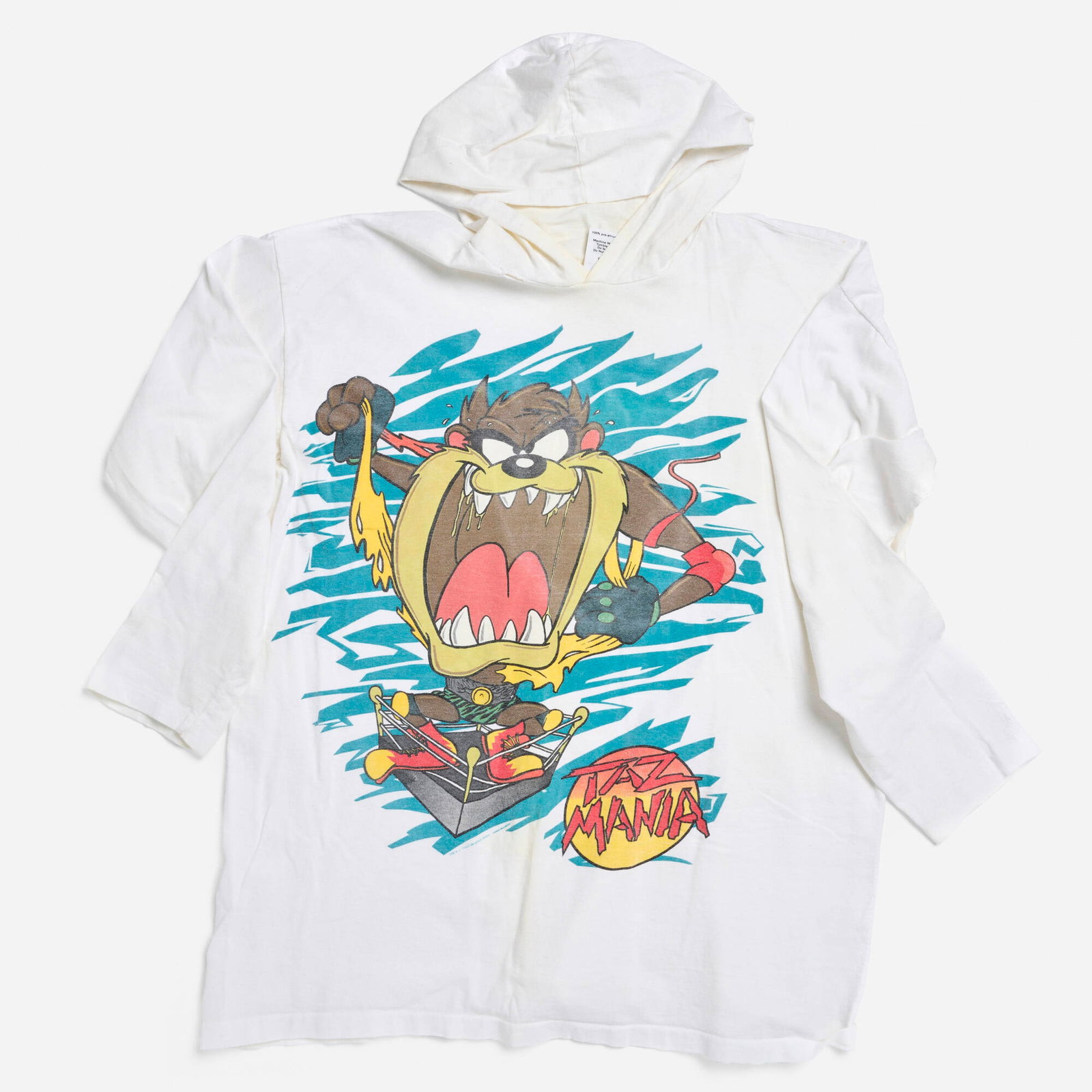 Tasmanian Devil Taz Mania X-Large Hoodie Single Stitch: Tasmanian Devil Taz Mania X-Large Hoodie Single Stitch 1993 100% cotton, single stitch 23 w x 25.5 l in (58 x 65 cm) Condition Notes: Overall good vintage condition with minimal wear consistent wi