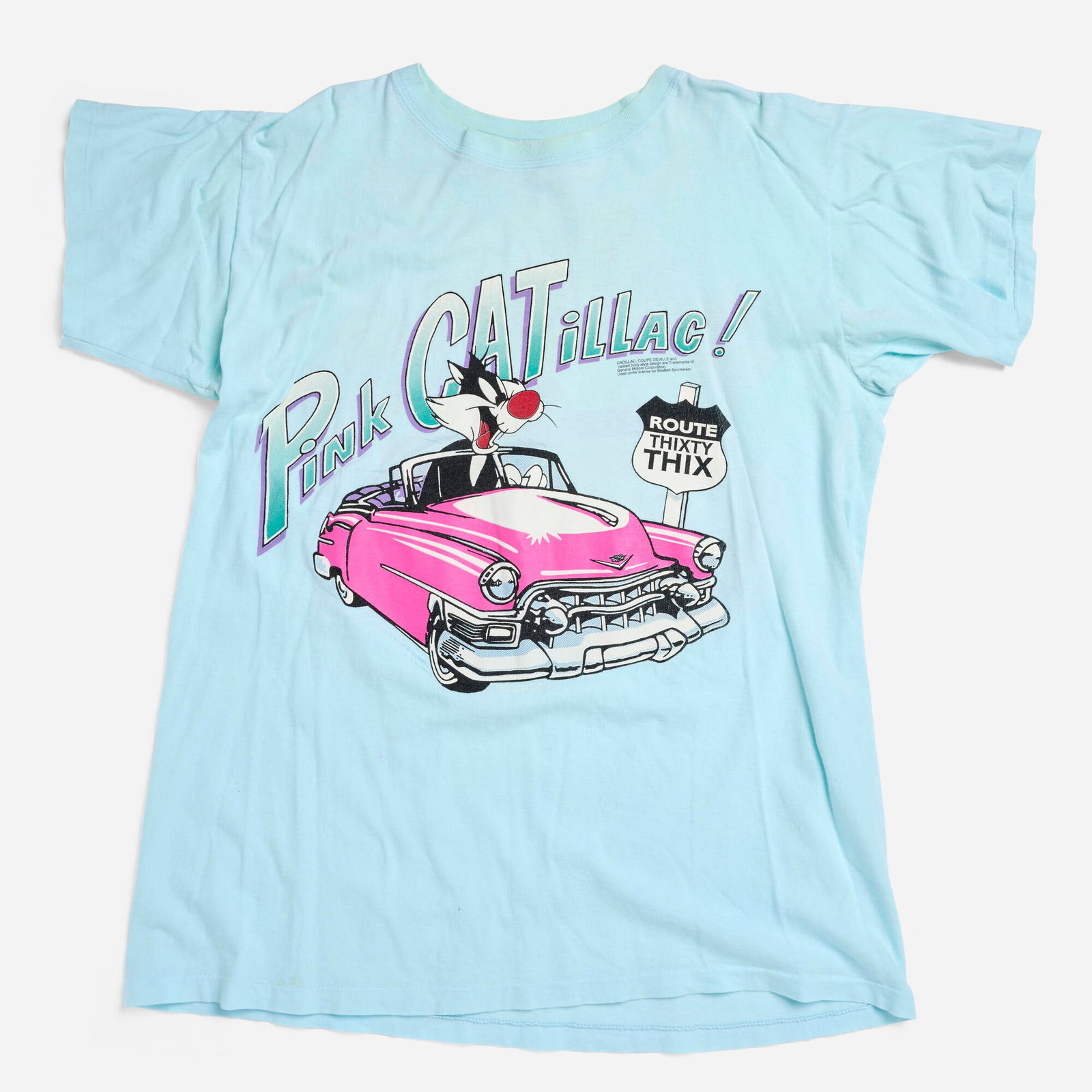 Sylvester Pink CATillac Route Thixty Thix T-Shirt Single Stitch: Sylvester Pink CATillac Route Thixty Thix T-Shirt Single Stitch 1994 100% cotton, single stitch 25 w x 29.5 l in (63 x 75 cm) Condition Notes: Overall good vintage condition with minimal wear cons