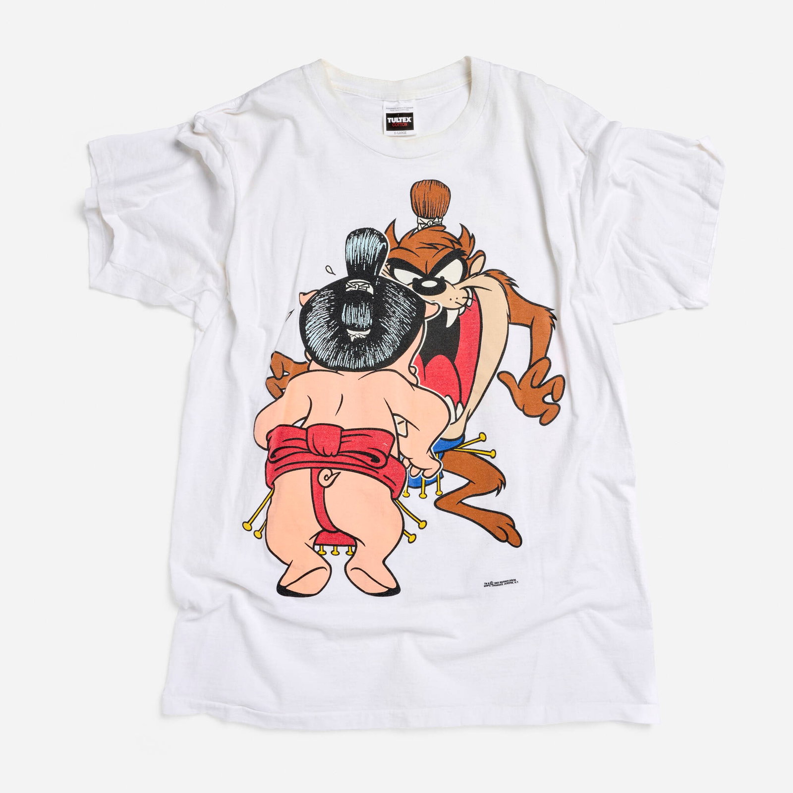 Taz Tasmanian Devil Porky Pig Sumo X-Large T-Shirt: Taz Tasmanian Devil Porky Pig Sumo X-Large T-Shirt 1993 100% cotton, double stitch 21 w x 28 l in (53 x 71 cm) Condition Notes: Overall good vintage condition with minimal wear consistent with ag