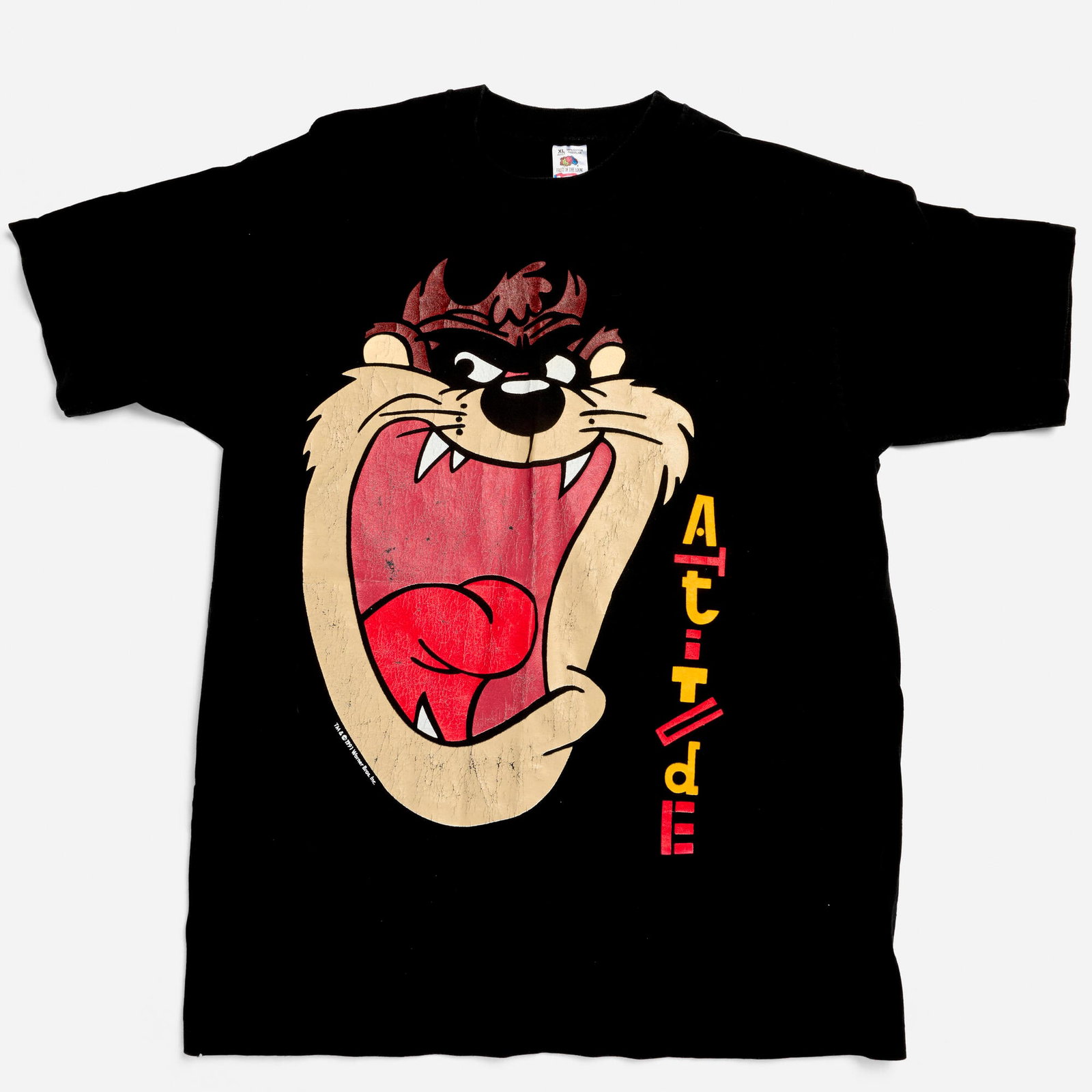 Looney Tunes Taz Tasmanian Devil Attitude X-Large T-Shirt Single Stitch: Looney Tunes Taz Tasmanian Devil Attitude X-Large T-Shirt Single Stitch 1991 100% cotton, single stitch 22.5 w x 28.5 l in (57 x 72 cm) Condition Notes: Image with color breaking streaks and color