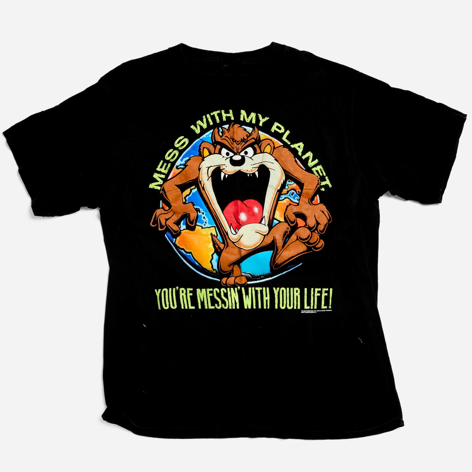 Taz Tasmanian Devil Mess With My Planet X-Large T-Shirt: Taz Tasmanian Devil Mess With My Planet X-Large T-Shirt 1990 100% cotton, double stitch 22.5 w x 28.5 l in (57 x 72 cm) Condition Notes: Overall good vintage condition with minimal wear consisten
