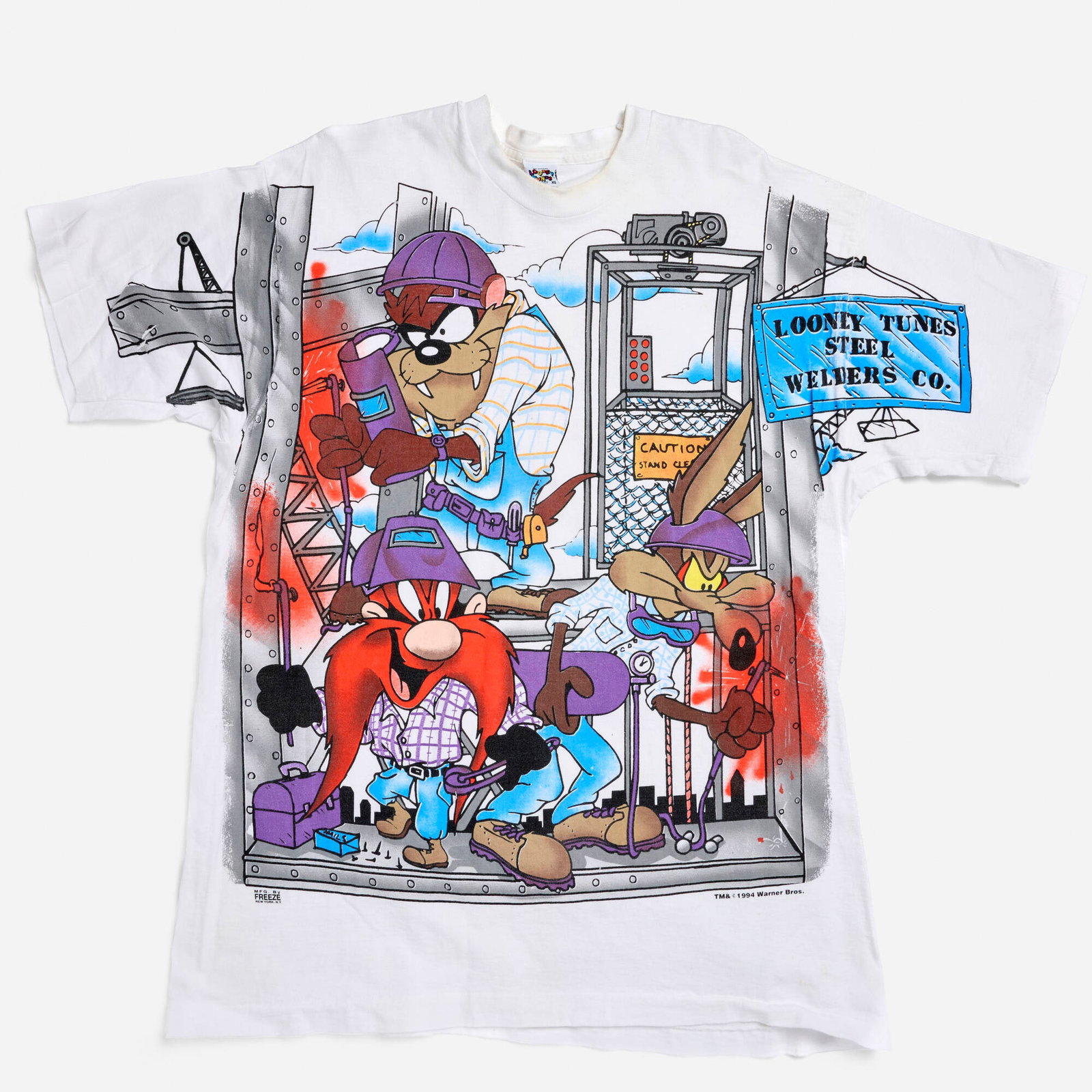 Looney Tunes Steel Welders Co. All Over Print X-Large T-Shirt Single Stitch: Looney Tunes Steel Welders Co. All Over Print X-Large T-Shirt Single Stitch 1994 100% cotton, single stitch 23 w x 29 l in (58 x 74 cm) Condition Notes: Overall good vintage condition with minima