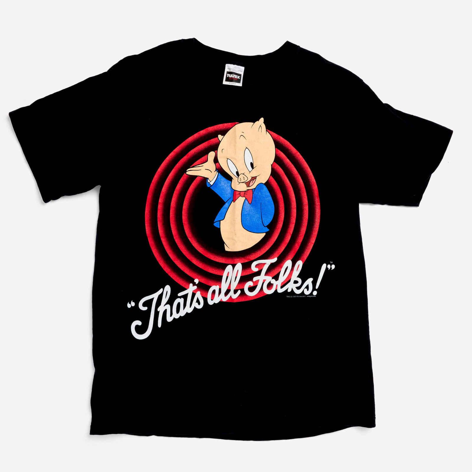 Looney Tunes Porky Pig That's All Folks! X-Large T-Shirt: Looney Tunes Porky Pig That's All Folks! X-Large T-Shirt 1993 100% cotton, double stitch 21.5 w x 28 l in (55 x 71 cm) Condition Notes: Overall good vintage condition with minimal wear consistent