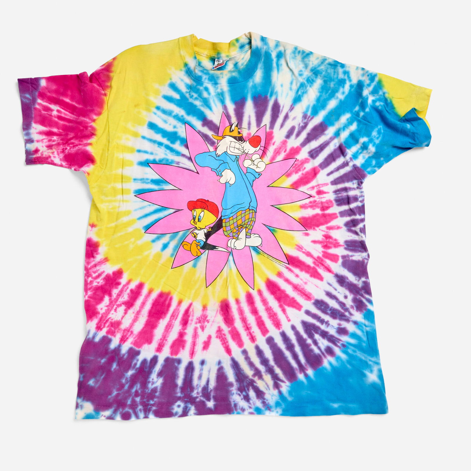 Sylvester and Tweety Tie-Dye X-Large T-Shirt Single Stitch: Sylvester and Tweety Tie-Dye X-Large T-Shirt Single Stitch 1993 100% cotton, single stitch 22 w x 27.5 l in (56 x 70 cm) Condition Notes: Small amount of staining above Sylvester's ears and 0