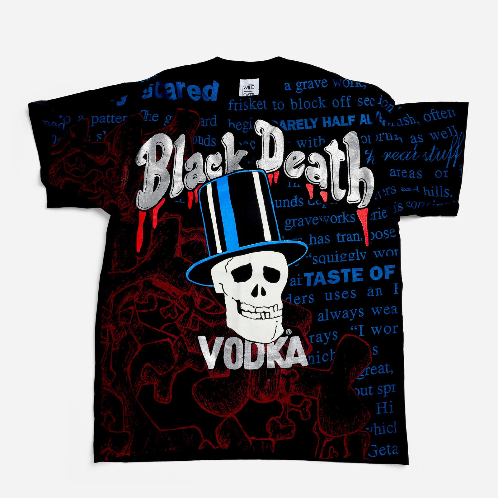 Black Death Vodka All Over Print Slash Skull X-Large T-Shirt: Black Death Vodka All Over Print Slash Skull X-Large T-Shirt 100% cotton, double stitch 23 w x 27 l in (58 x 69 cm) Condition Notes: Overall good vintage condition with minimal wear consistent with ag
