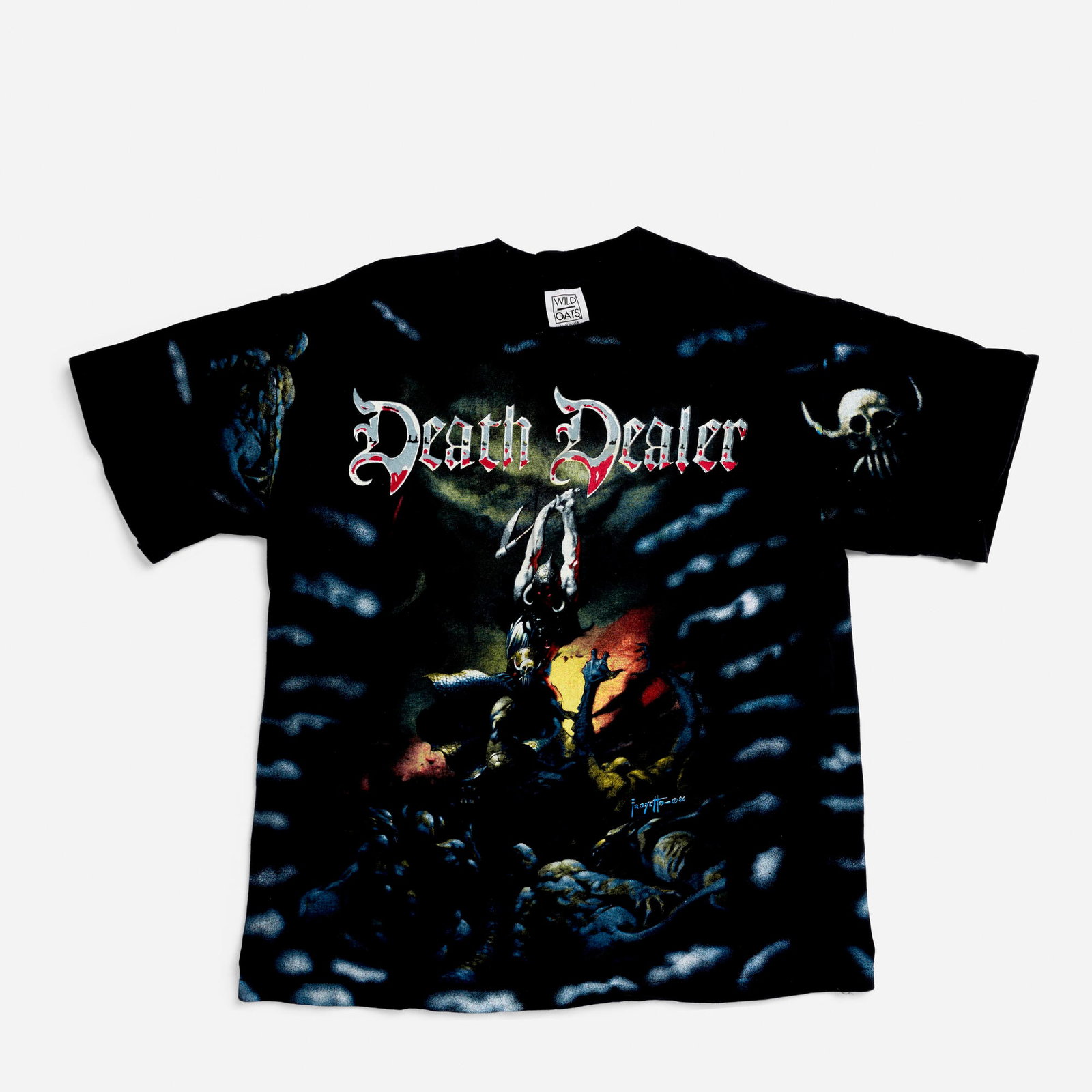 Frank Frazetta Death Dealer All Over Print X-Large T-Shirt: Frank Frazetta Death Dealer All Over Print X-Large T-Shirt 100% cotton, double stitch 22 w x 25 l in (56 x 63 cm) Condition Notes: Overall good vintage condition with minimal wear consistent with age,