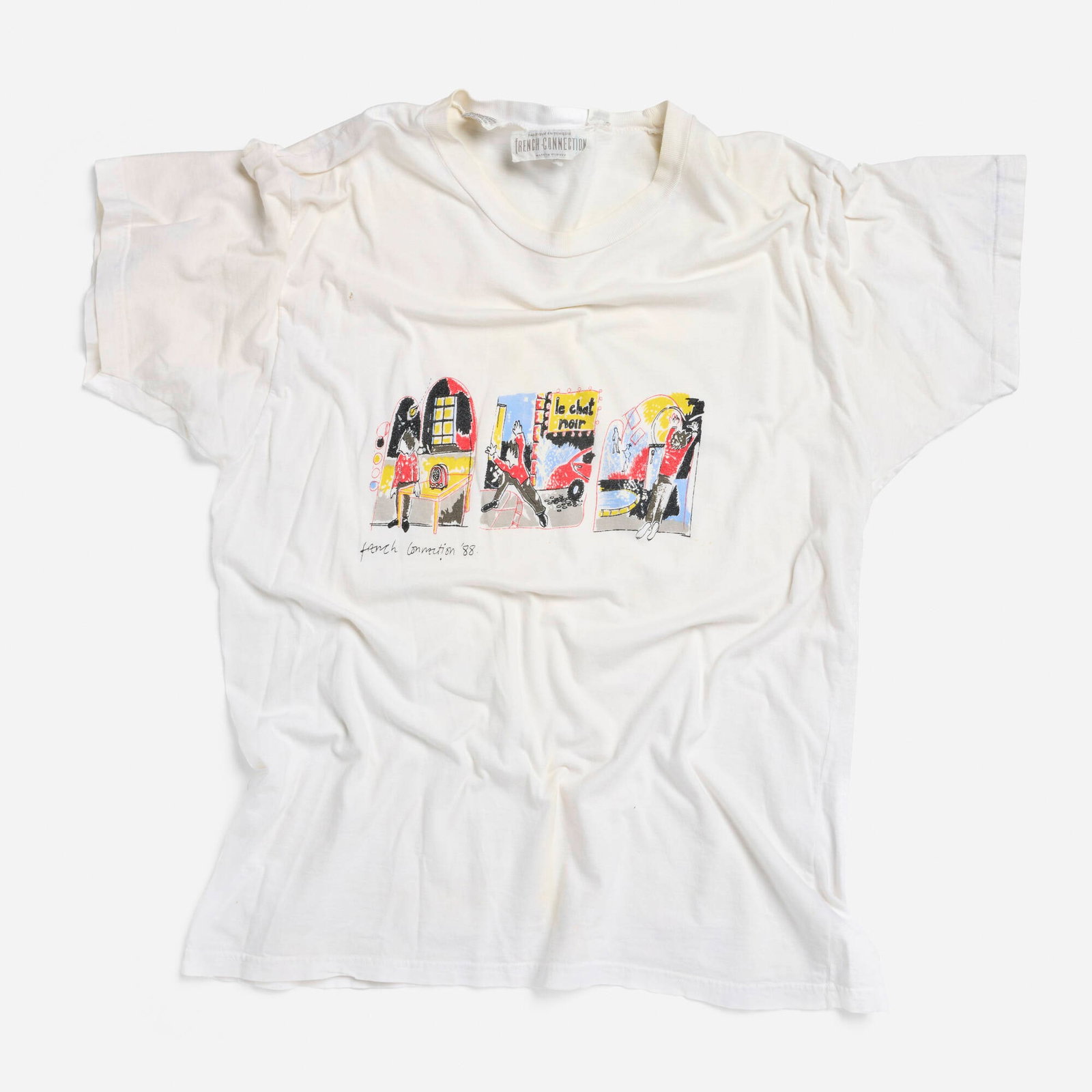 Le Chat Noir French Connection T-Shirt Single Stitch: Le Chat Noir French Connection T-Shirt Single Stitch 100% cotton, single stitch 20.5 w x 24.5 l in (52 x 62 cm) Condition Notes: 2.5-inch tag is lifting from collar 0.75 inch on left and 0.5 inch on r