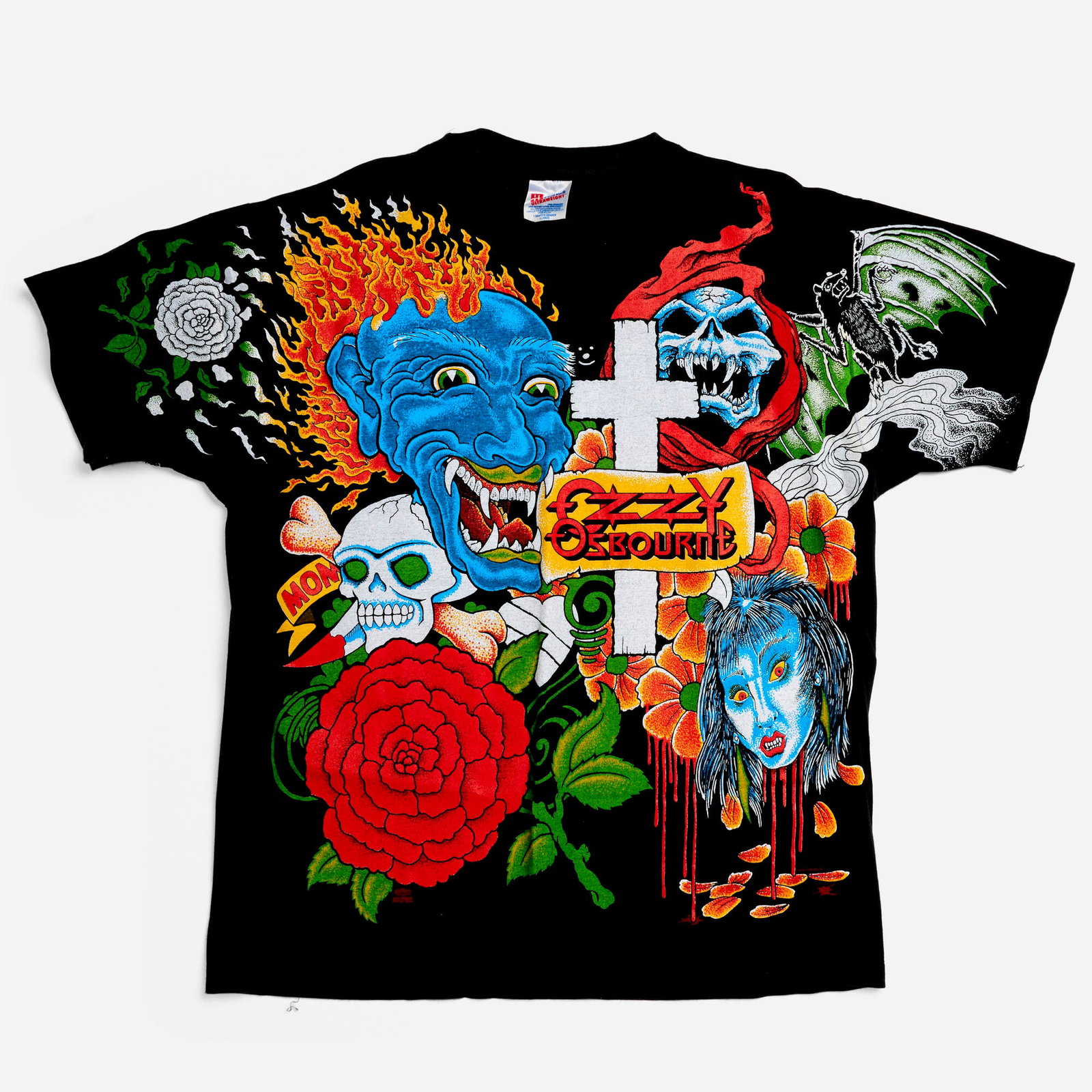 Rock Express Monowise Ozzy Osbourne Tattoos All Over Print X-Large T-Shirt Single Stitch: Rock Express Monowise Ozzy Osbourne Tattoos All Over Print X-Large T-Shirt Single Stitch 1992 100% cotton, single stitch 23 w x 25.5 l in (58 x 65 cm) Condition Notes: Overall good vintage conditi