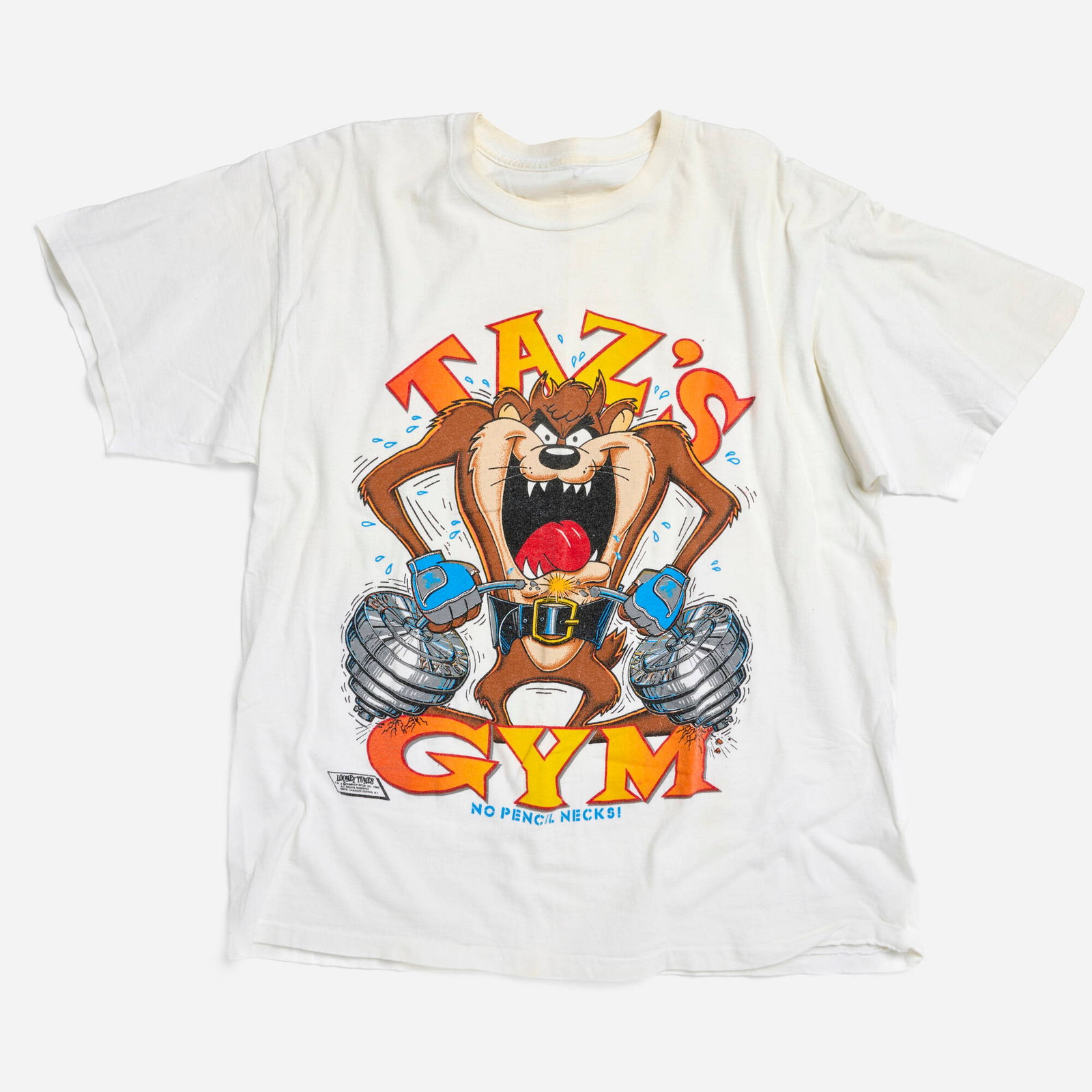 Looney Tunes Taz's Gym T-Shirt: Looney Tunes Taz's Gym T-Shirt USA double stitch 22 w x 26 l in (56 x 66 cm) Condition Notes: Overall good vintage condition with minimal wear consistent with age, fully wearable. No material lis