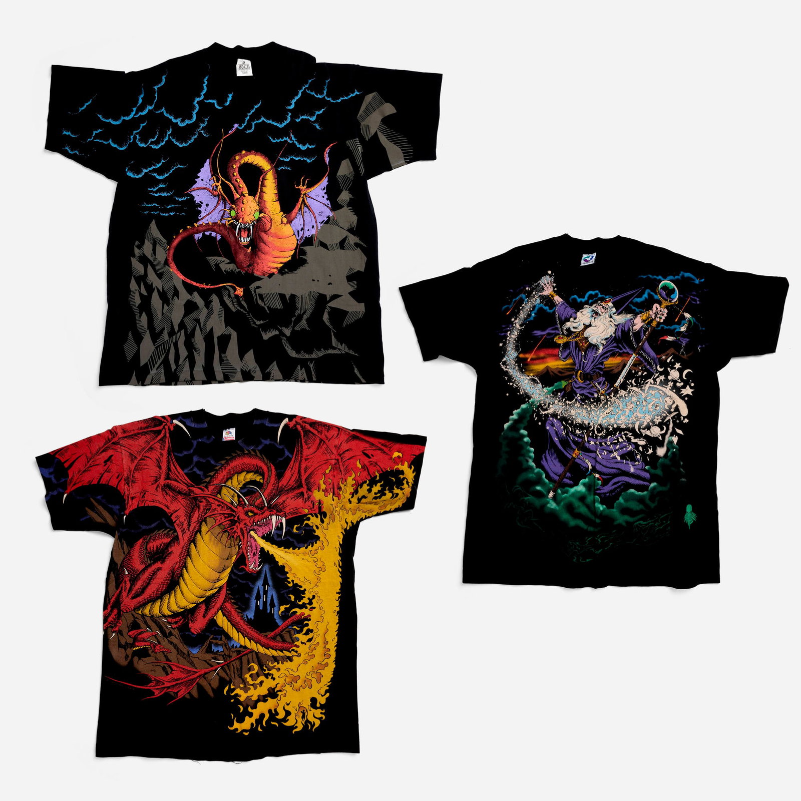 3 Andazia and Liquid Blue All Over Print X-Large T-Shirt Group: 3 Andazia and Liquid Blue All Over Print X-Large T-Shirt Group 100% cotton, double stitch; 100% cotton, single stitch; 100% cotton, single stitch andazia: 25 w x 27.5 l in (63 x 70 cm) dragon: 23 w x 