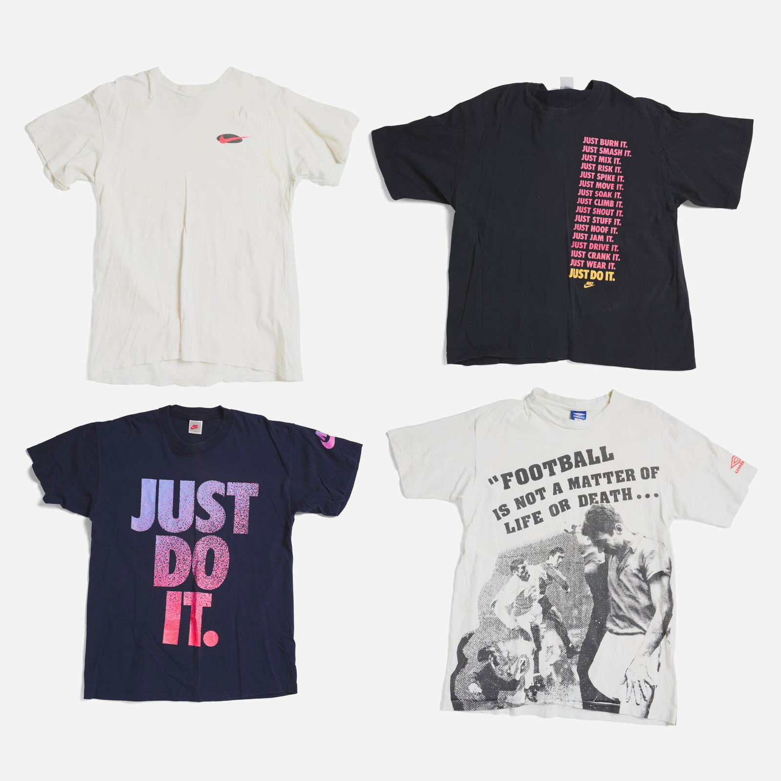 4 Vintage Nike and Umbro T-Shirt Group: 4 Vintage Nike and Umbro T-Shirt Group 100% cotton, double stitch Group includes: Nike 2 Things Are Certain X-Large, Nike Just Do It. Large, Umbro Bill Shankley Football Quote All Over Print X-Large, 