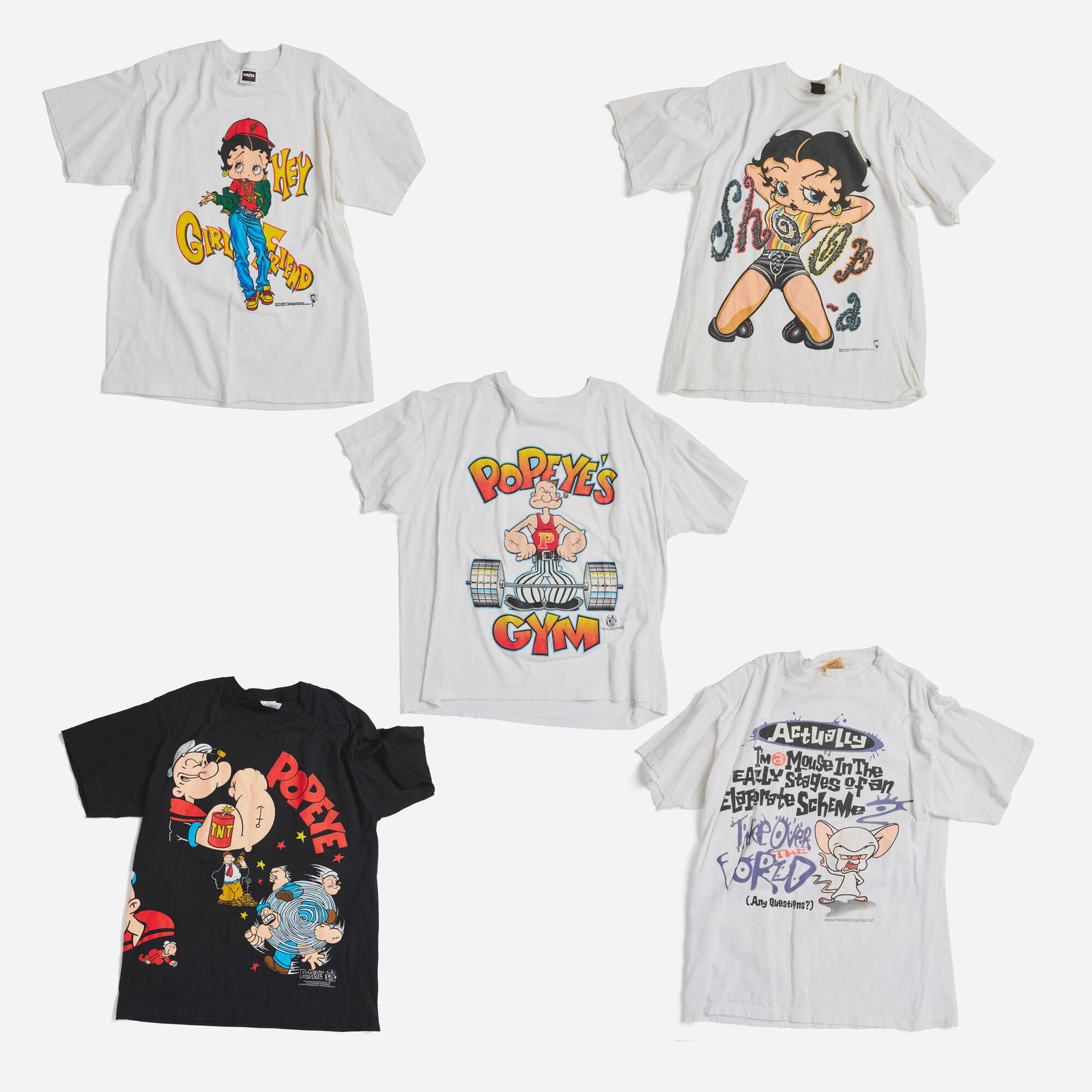 5 Vintage Cartoon Related T-Shirt Group: 5 Vintage Cartoon Related T-Shirt Group 100% cotton, double stitch; no material listed, double stitch; 50% Cotton 50% Polyester, double stitch; 100% cotton, double stitch; 100% cotton, double stitch G