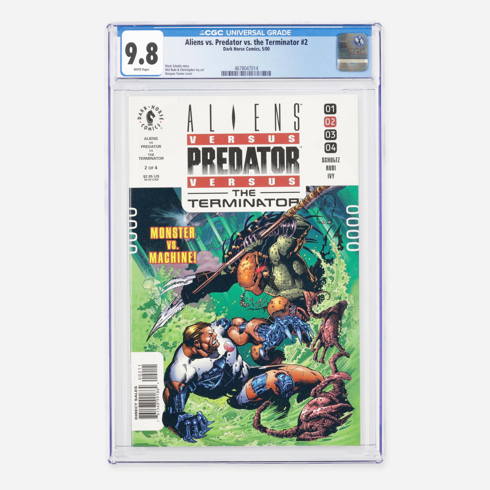 Dark Horse Comics Aliens vs. Predator vs. the Terminator #2 CGC 9.8: Dark Horse Comics Aliens vs. Predator vs. the Terminator #2 CGC 9.8 USA, 2000 This Modern Age crossover event features a story by Mark Schultz. The interior art is by Mel Rubi and Christopher Ivy, wit