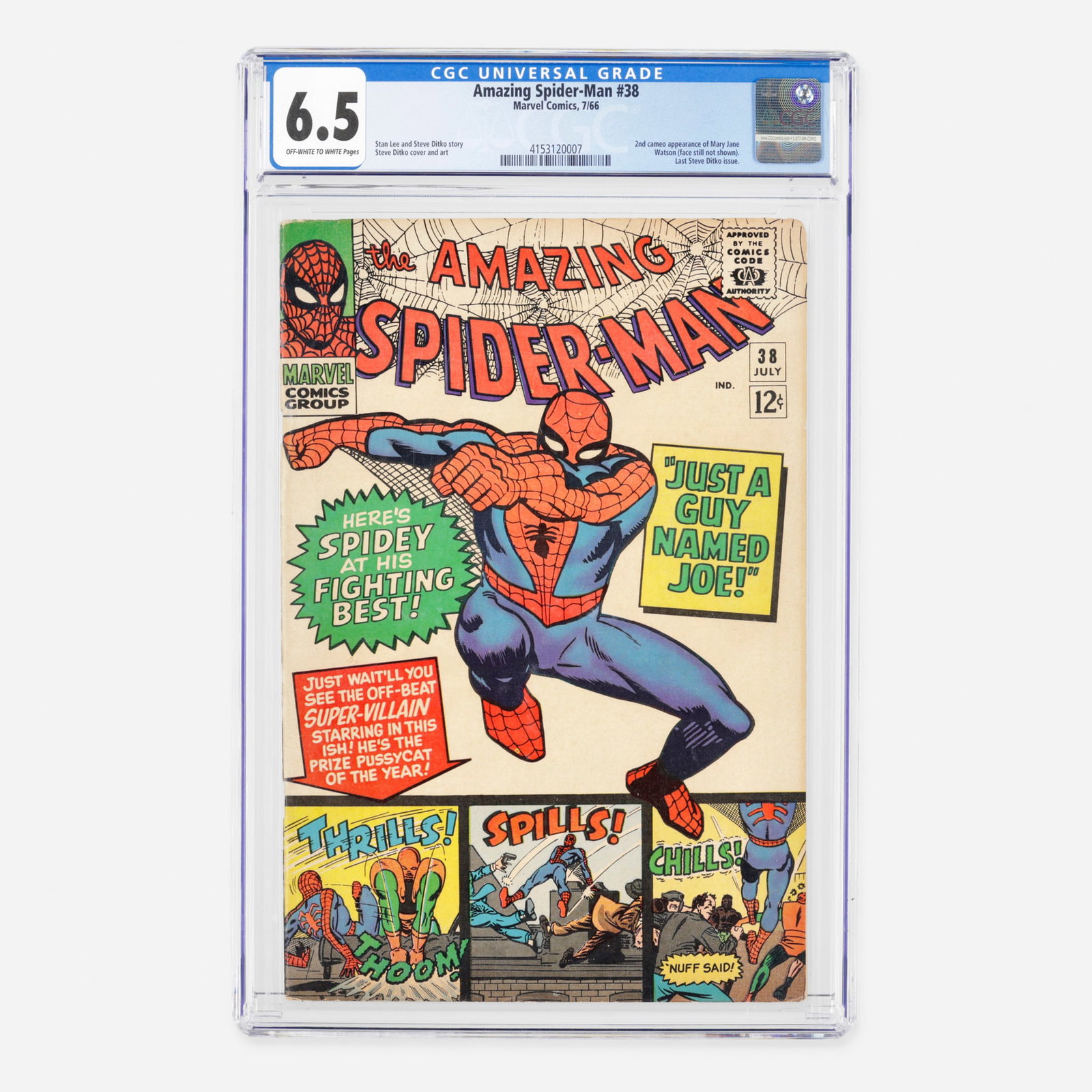 Marvel Comics Amazing Spider-Man #38 CGC 6.5: Marvel Comics Amazing Spider-Man #38 CGC 6.5 USA, 1966 Serving as the final issue of the legendary Steve Ditko era, this Silver Age classic features the second cameo appearance of Mary Jane Watson, th