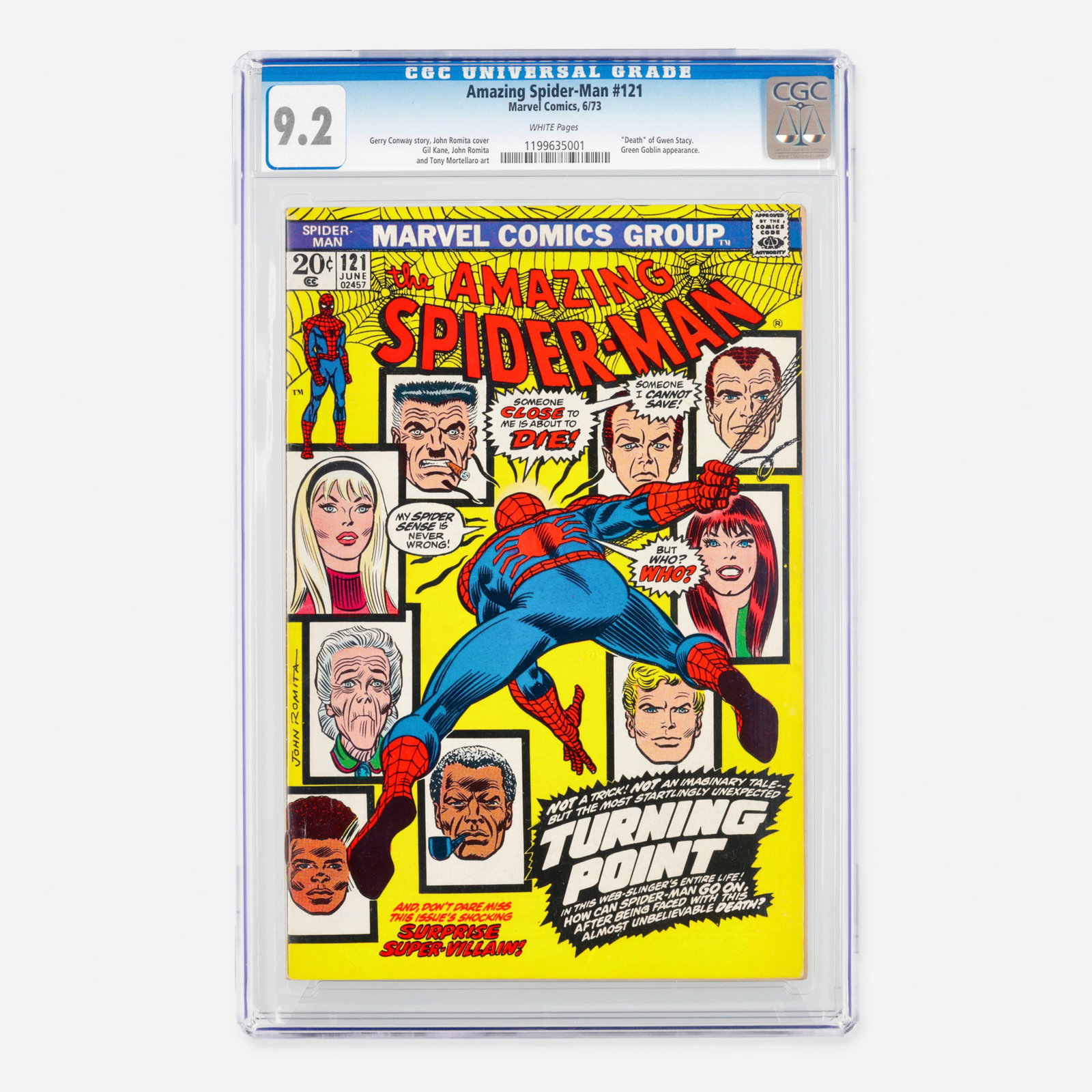 Marvel Comics Amazing Spider-Man #121 CGC 9.2: Marvel Comics Amazing Spider-Man #121 CGC 9.2 USA, 1973 This pivotal Bronze Age issue is infamous for the "death" of Gwen Stacy and a major appearance by the Green Goblin. Written by Gerry Conway, the
