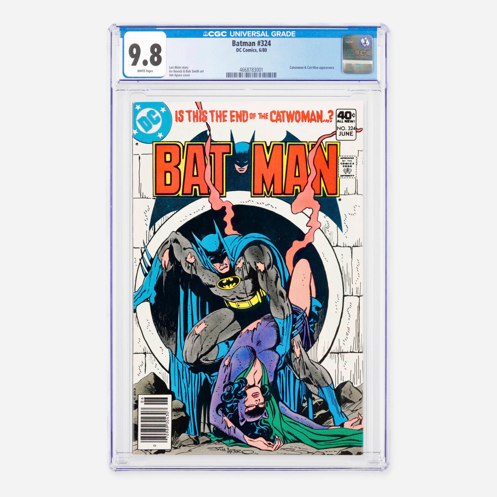 DC Comics Batman #324 CGC 9.8: DC Comics Batman #324 CGC 9.8 USA, 1980 This Bronze Age issue features appearances by Catwoman and Cat-Man. Story by Len Wein, interior art by Irv Novick and Bob Smith, and cover art by Jim Aparo.