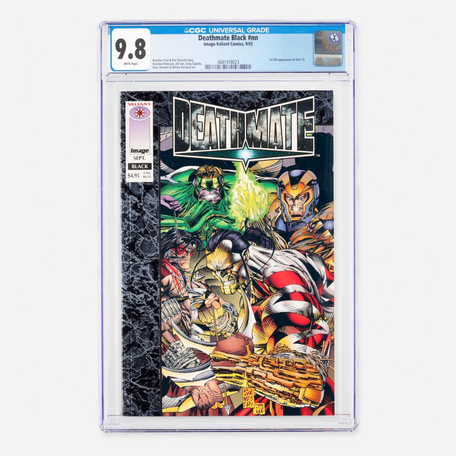 Image-Valiant Comics Deathmate Black #nn CGC 9.8: Image-Valiant Comics Deathmate Black #nn CGC 9.8 USA, 1993 This Modern Age book marks the first full appearance of Gen 13. The story is by Brandon Choi and Eric Silvestri, featuring a powerhouse lineu
