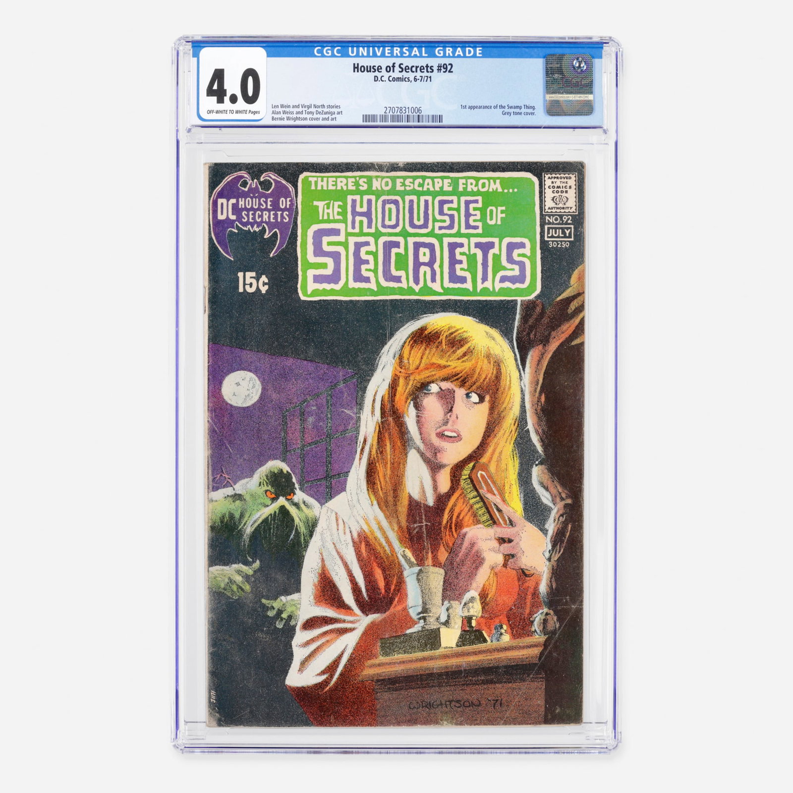 DC Comics House of Secrets #92 CGC 4.0: DC Comics House of Secrets #92 CGC 4.0 USA, 1971 This monumental Bronze Age horror milestone features the iconic first appearance of Swamp Thing and a striking grey-tone cover. Written by Len Wein and
