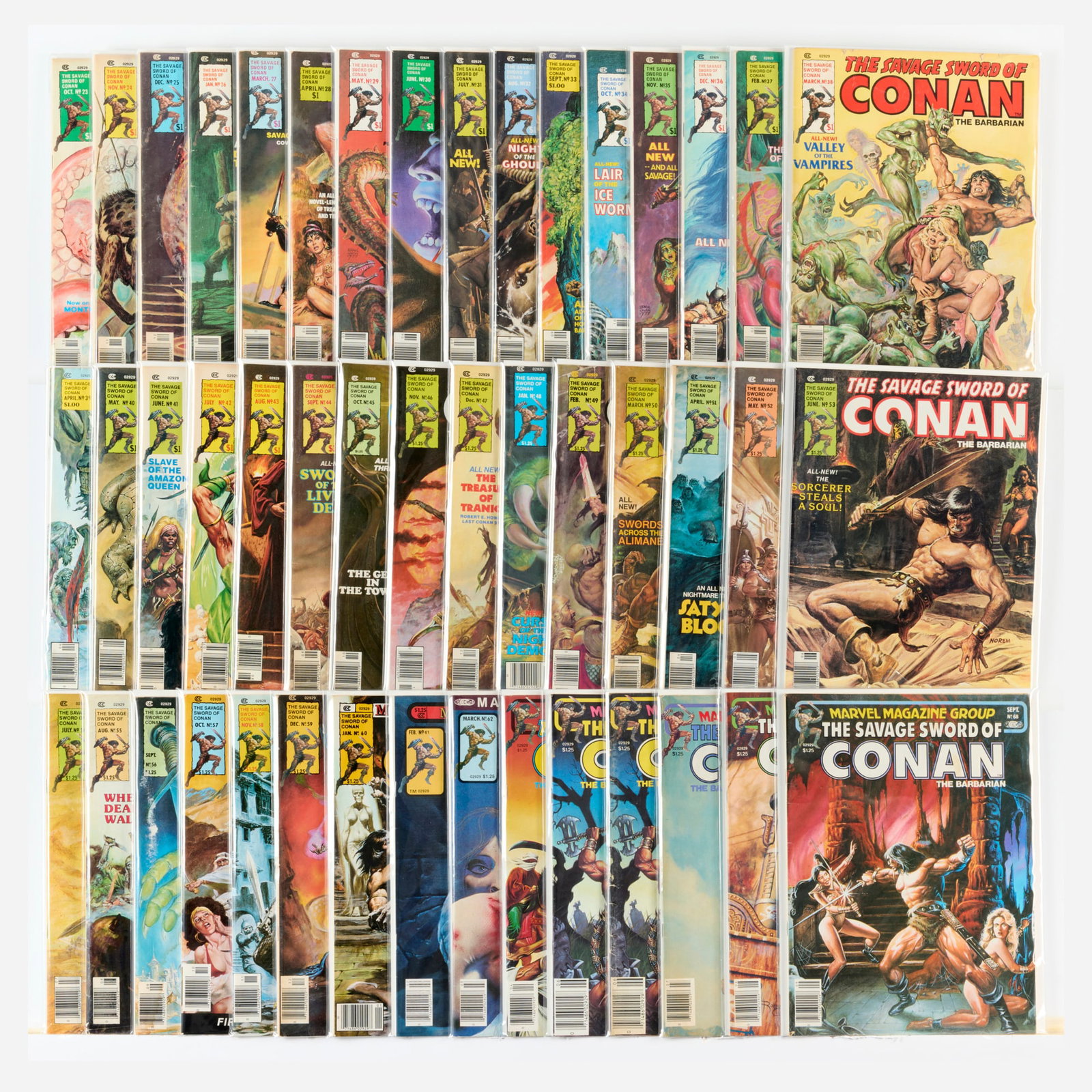 91 Marvel Comics Savage Sword of Conan #23-#113 Magazine Group: 91 Marvel Comics Savage Sword of Conan #23-#113 Magazine Group USA, 20th Century Group includes: Marvel Comics Savage Sword of Conan Magazine #23-#63, #65 (x2), #66-#113 (Grades range 3.0-7.0). This