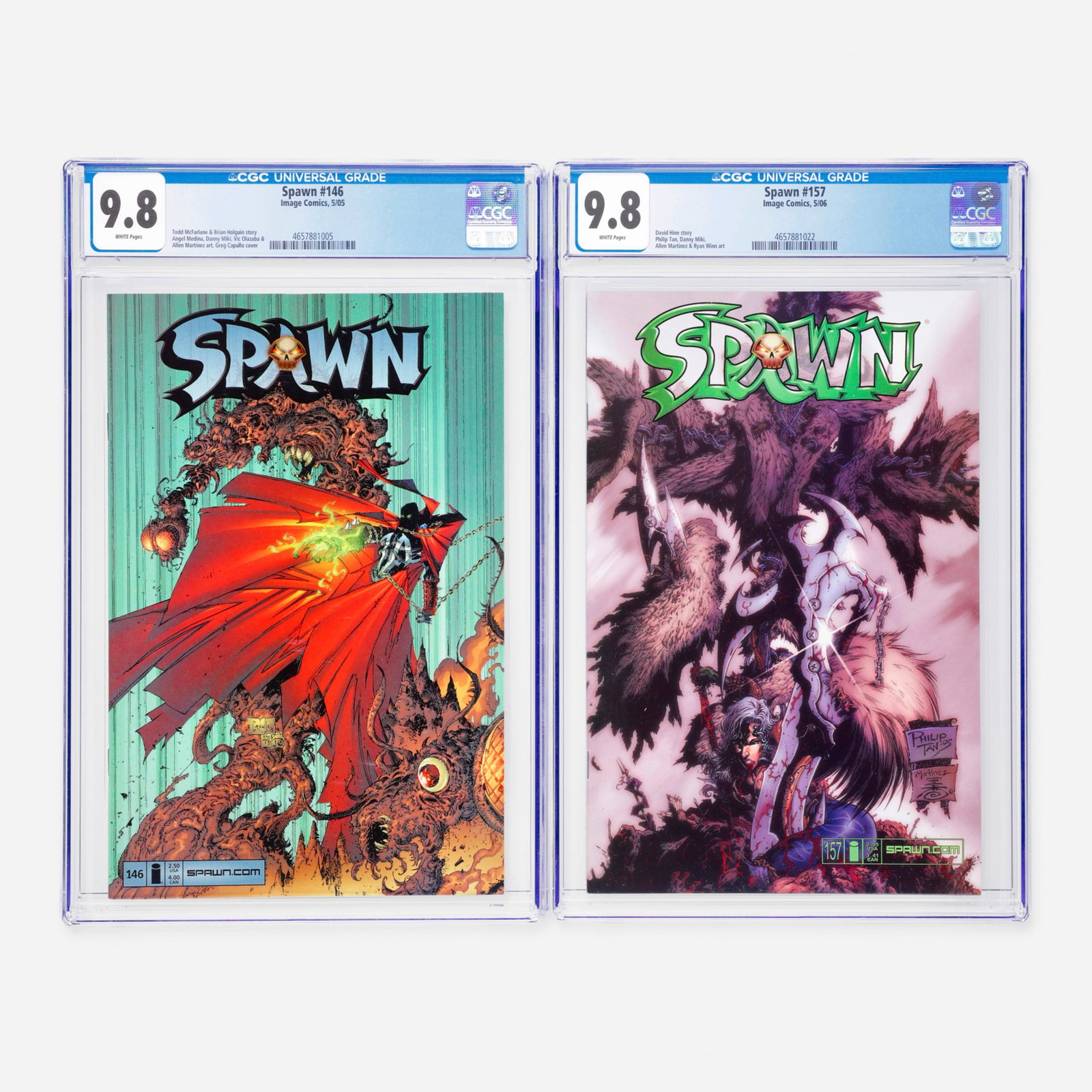 2 Image Comics Spawn #146 and #157 CGC 9.8 Group: 2 Image Comics Spawn #146 and #157 CGC 9.8 Group USA, 2005, 2006 Image Comics Spawn #146 CGC 9.8 (5/05) CGC#: 4657881005 Population: 42 in 9.8, 0 higher view cgc certificate Page Quality: white